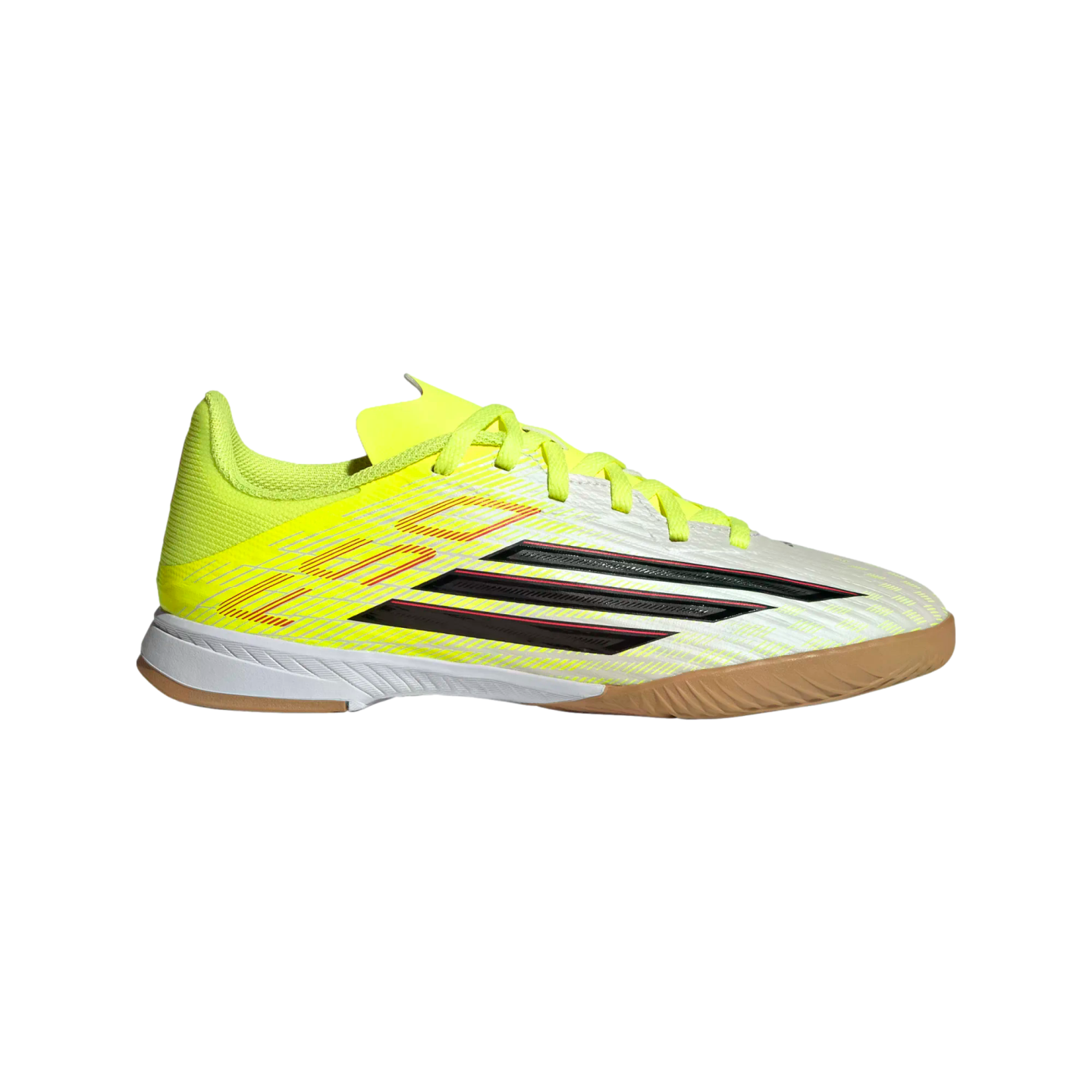 A side profile of a bright yellow and white Adidas indoor soccer shoe with black stripes and a gum rubber sole, set against a black background.
