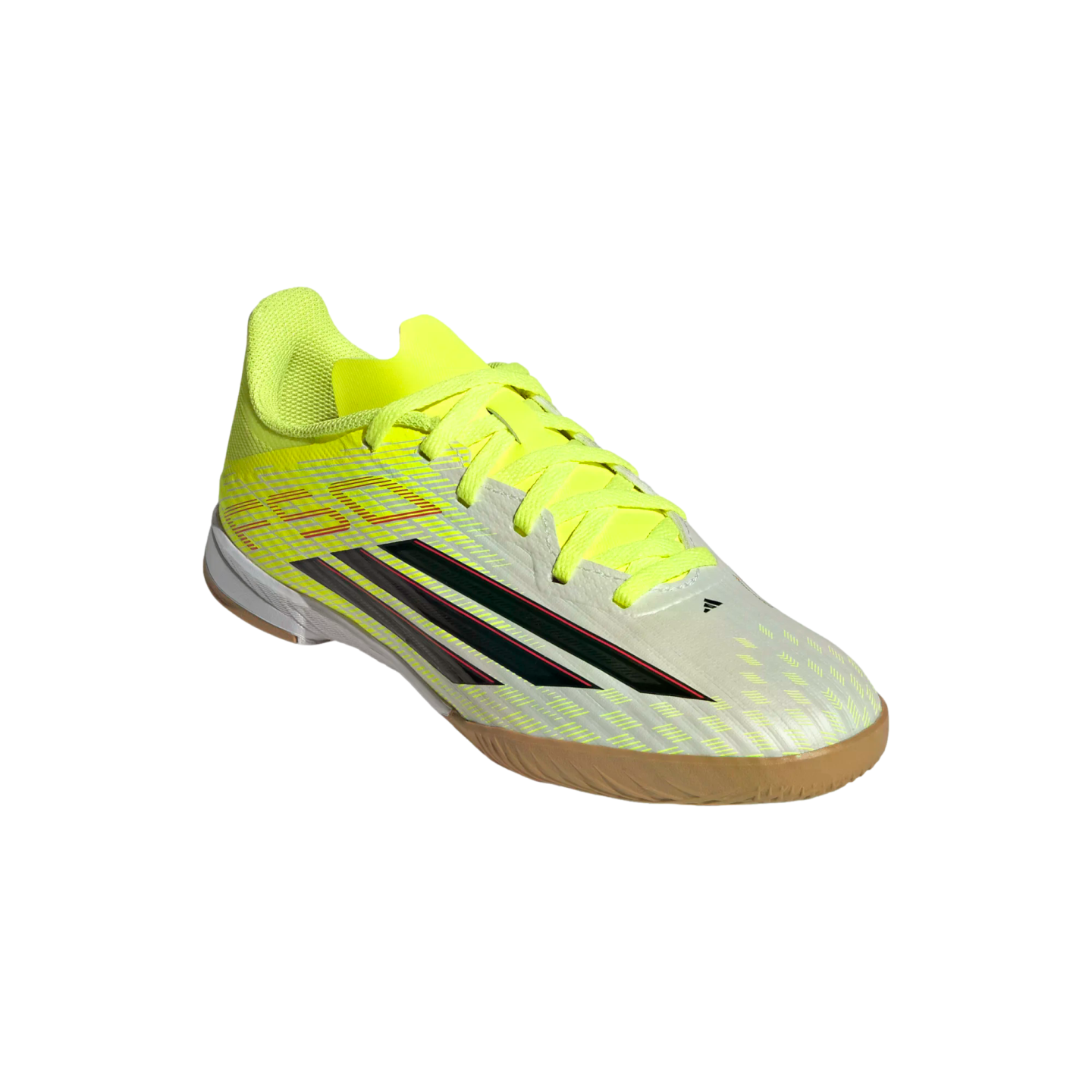 A neon yellow and white Adidas F50 indoor soccer shoe featuring black stripes and a gum rubber sole, shown at an angle against a black background.