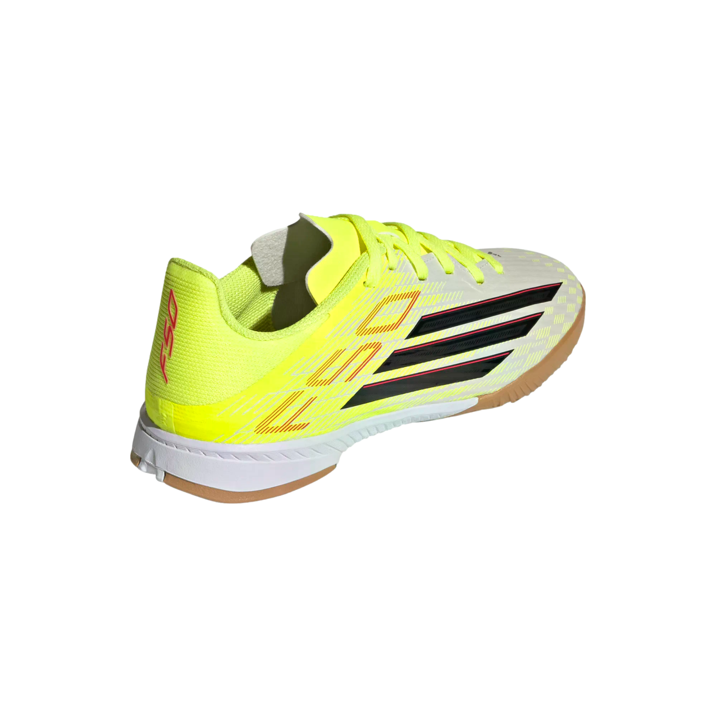 Neon yellow Adidas F50 indoor soccer shoe with black stripes, pink accents, white midsole, and gum rubber outsole on a black background.