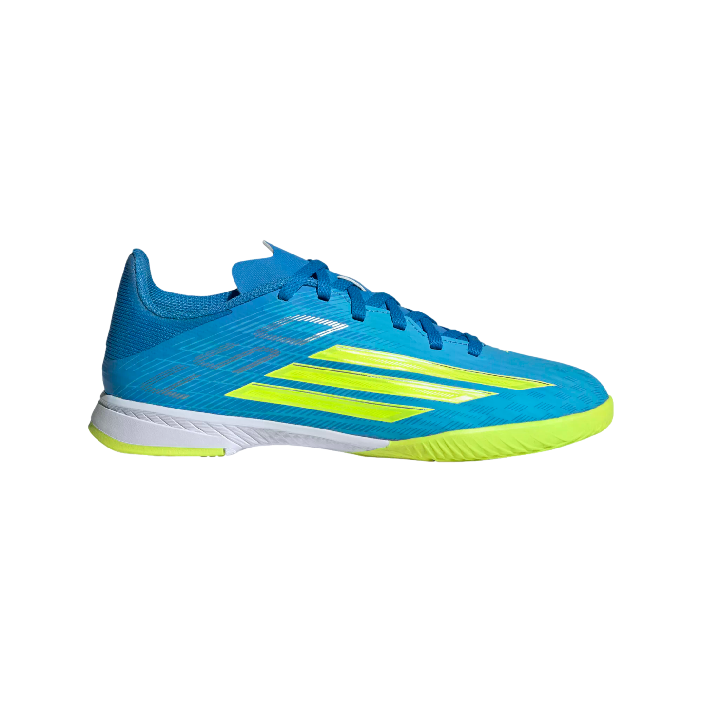 Profile view of a blue indoor soccer shoe featuring three slanted yellow stripes on the side, blue laces, a white midsole, and a lime green textured outsole.