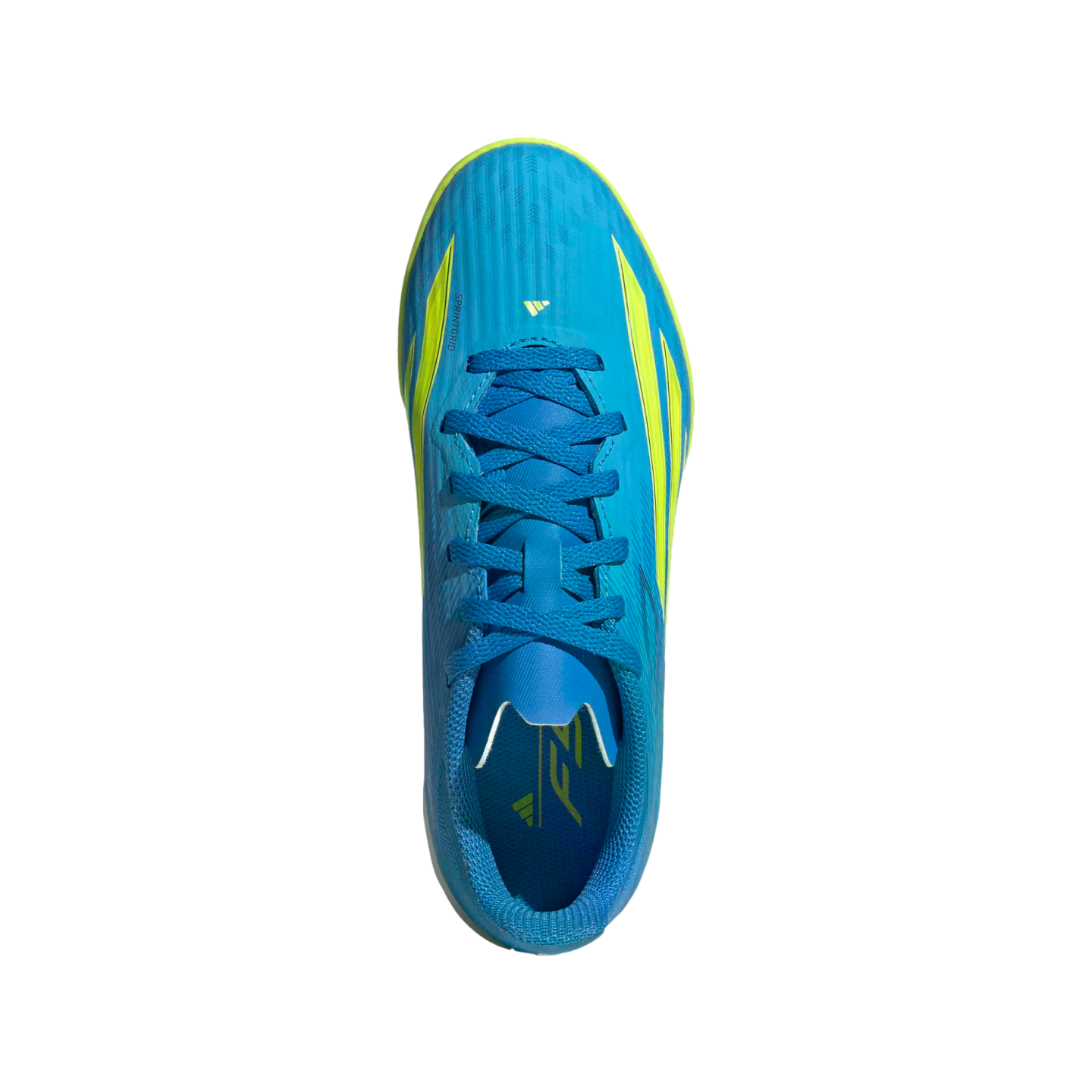 A top-down view of a bright blue Adidas F50 soccer shoe with lime green accents and blue laces, centered on a solid black background.