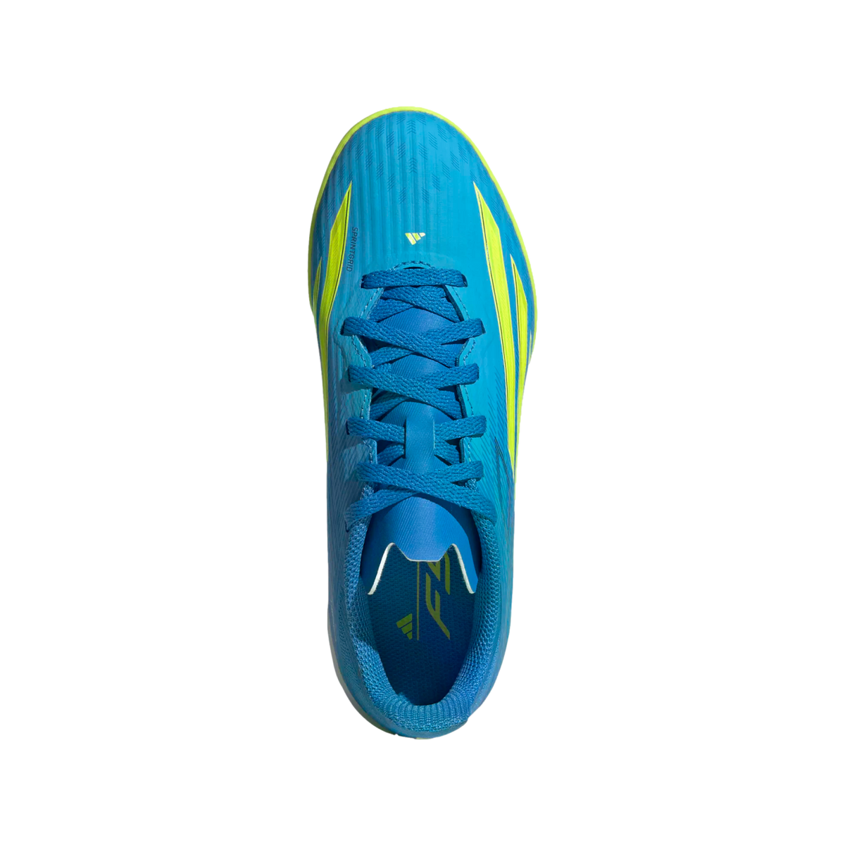A top-down view of a bright blue Adidas F50 soccer shoe with lime green accents and blue laces, centered on a solid black background.