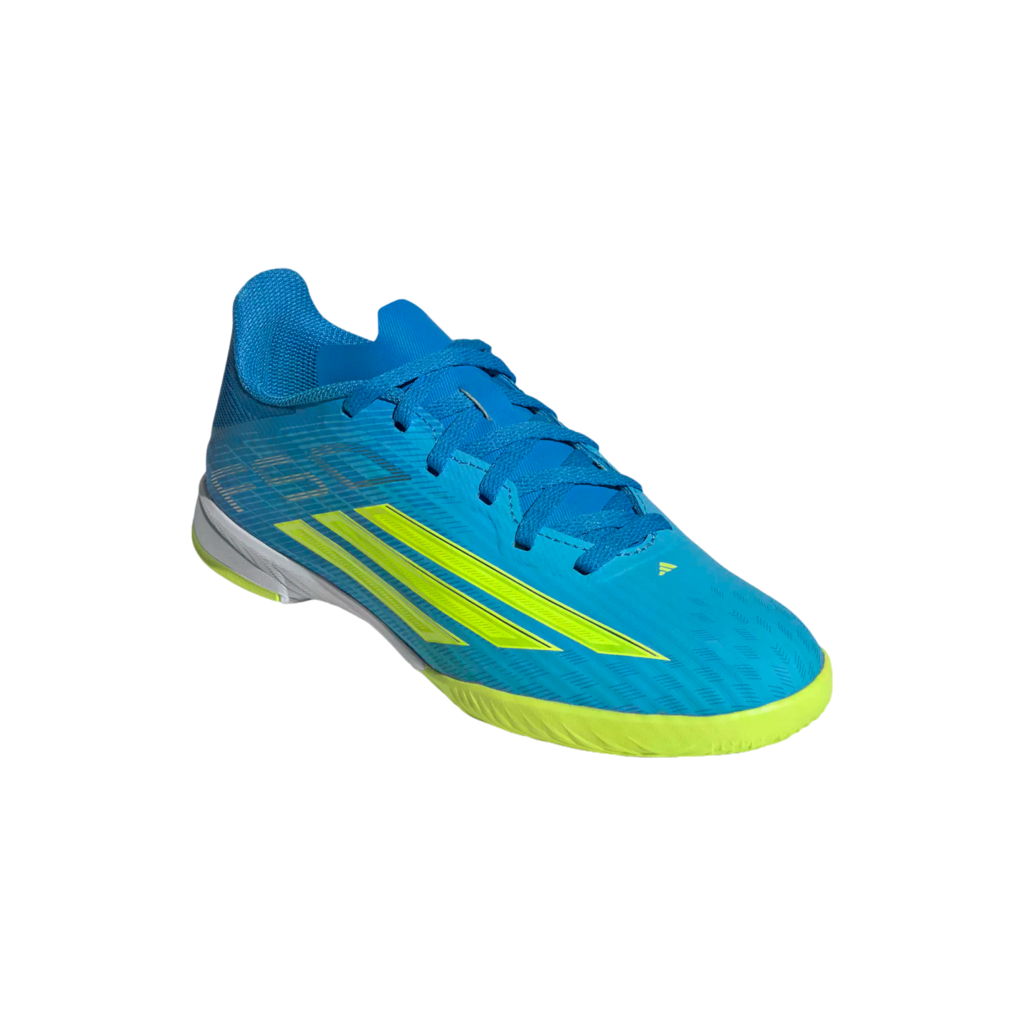 A bright blue and neon yellow Adidas indoor soccer shoe with a textured upper and three diagonal stripes on the side, set against a plain black background.