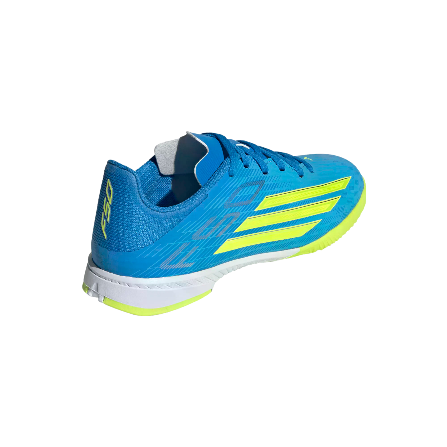 A bright blue Adidas F50 athletic shoe with lime green stripes and accents, featuring a white midsole and shown from a rear-three-quarter angle against a solid black background.