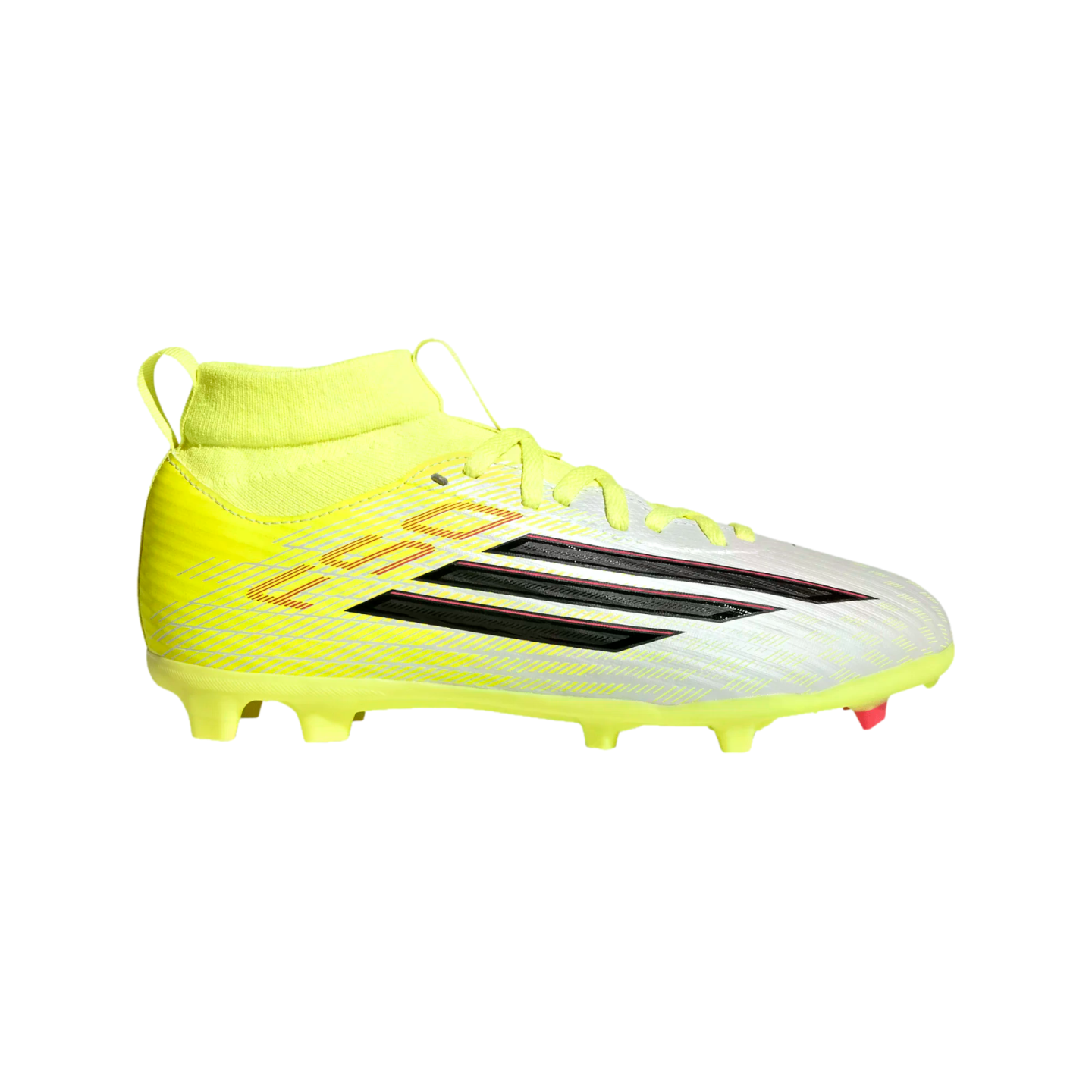 A neon yellow and white Adidas soccer cleat with black stripes and a high-top ankle collar, shown from a side profile against a black background.