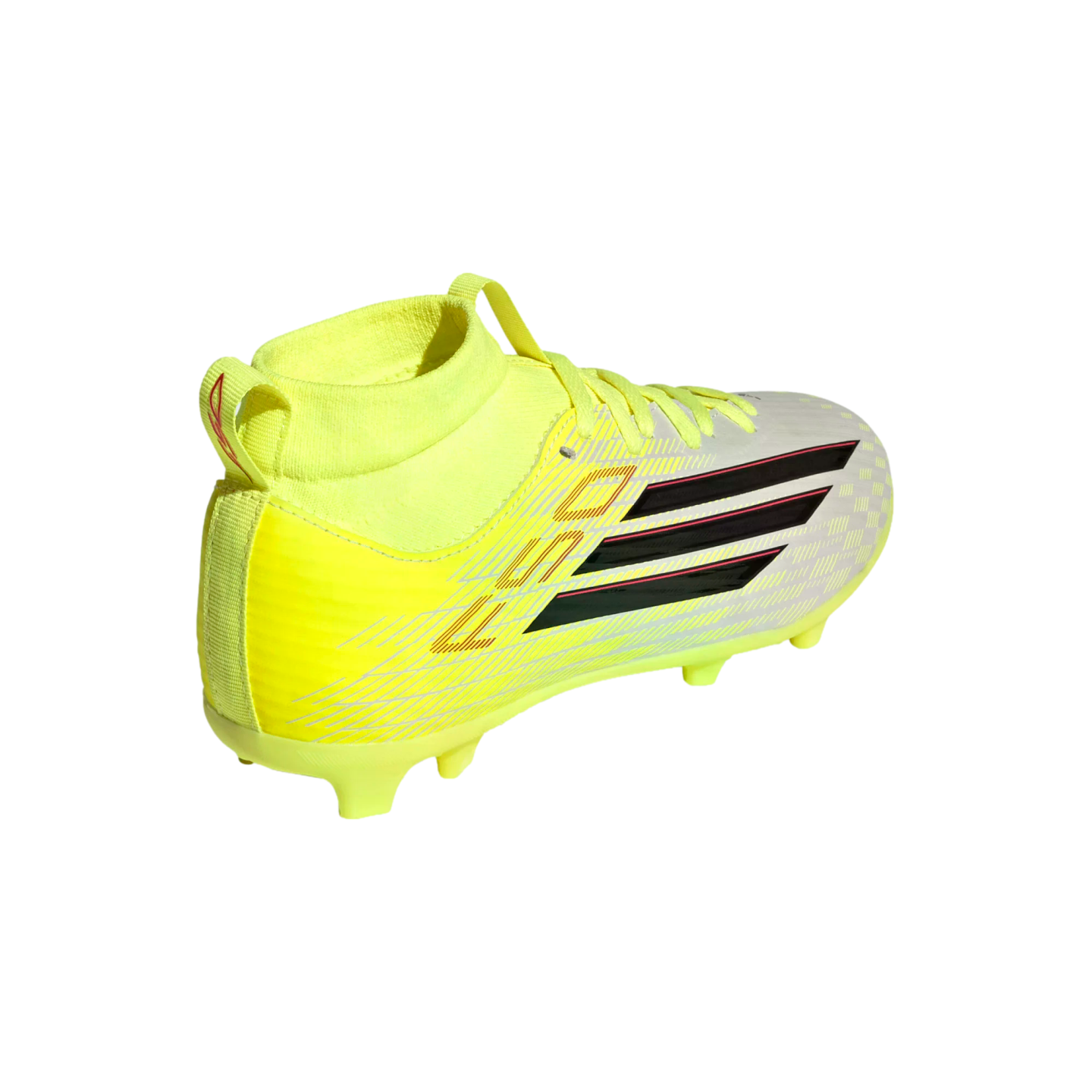 A neon yellow and white high-top soccer cleat with three black stripes and red accents, shown from a rear-side angle on a solid black background.