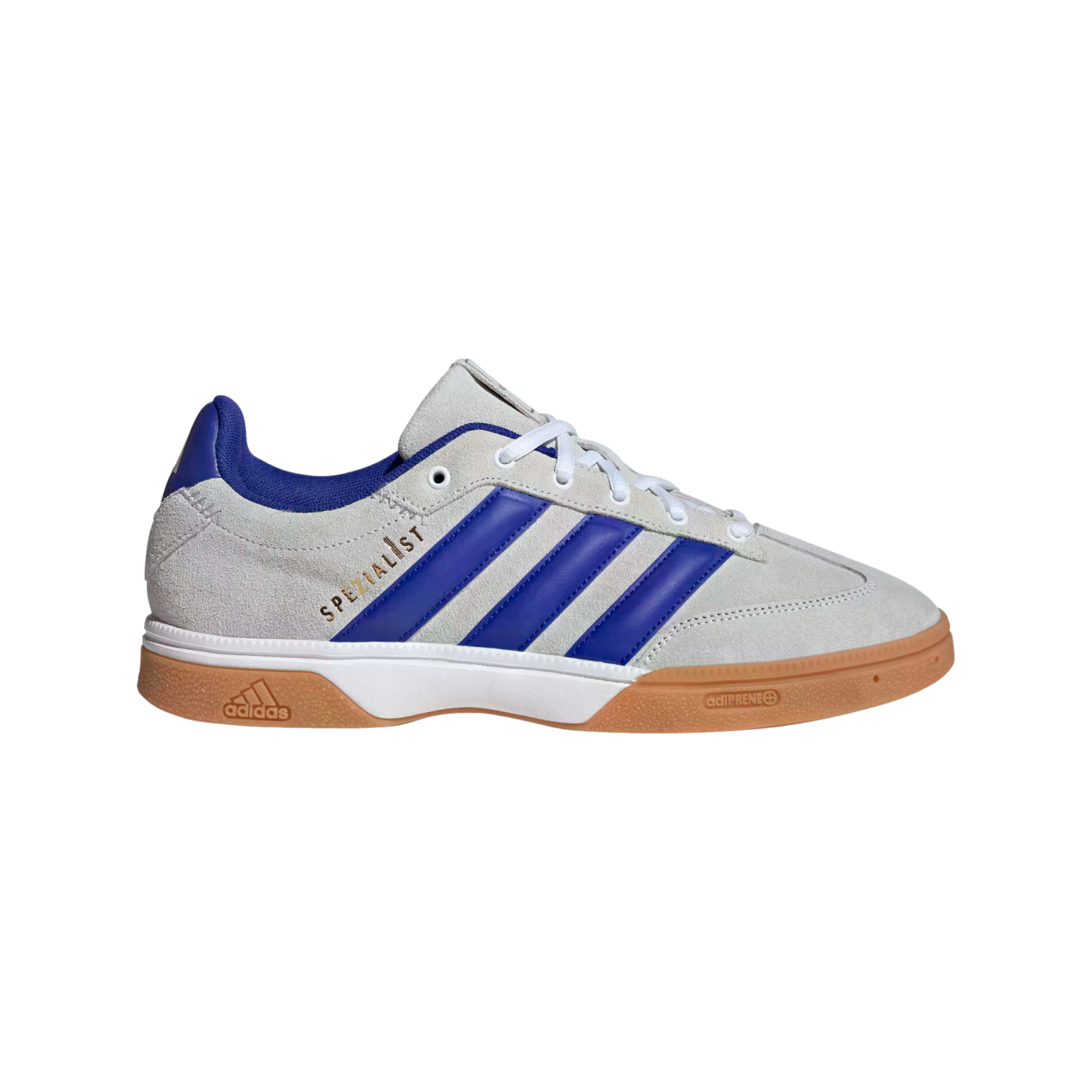 A light gray suede Adidas Spezialist sneaker with blue stripes and a gum rubber sole, shown in profile against a black background.