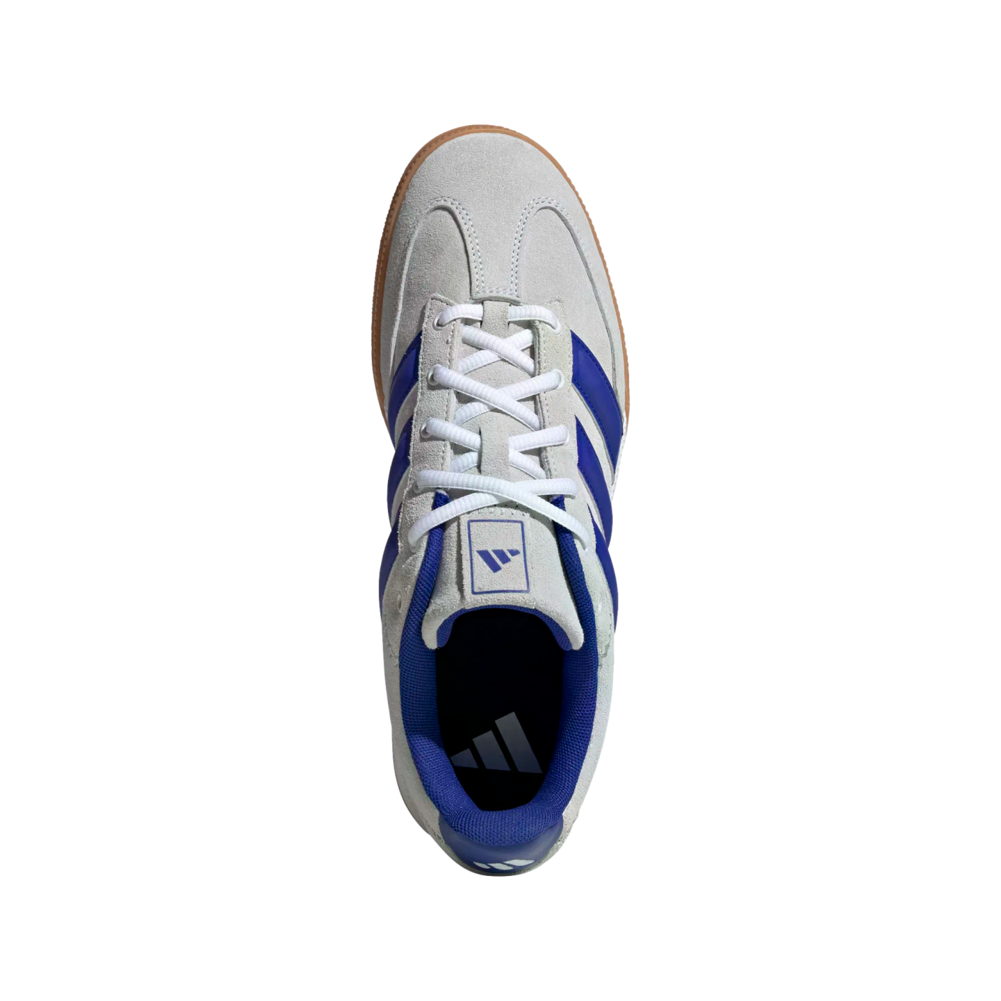Top-down view of a light gray Adidas sneaker with royal blue stripes, white laces, and gum sole against a black background.