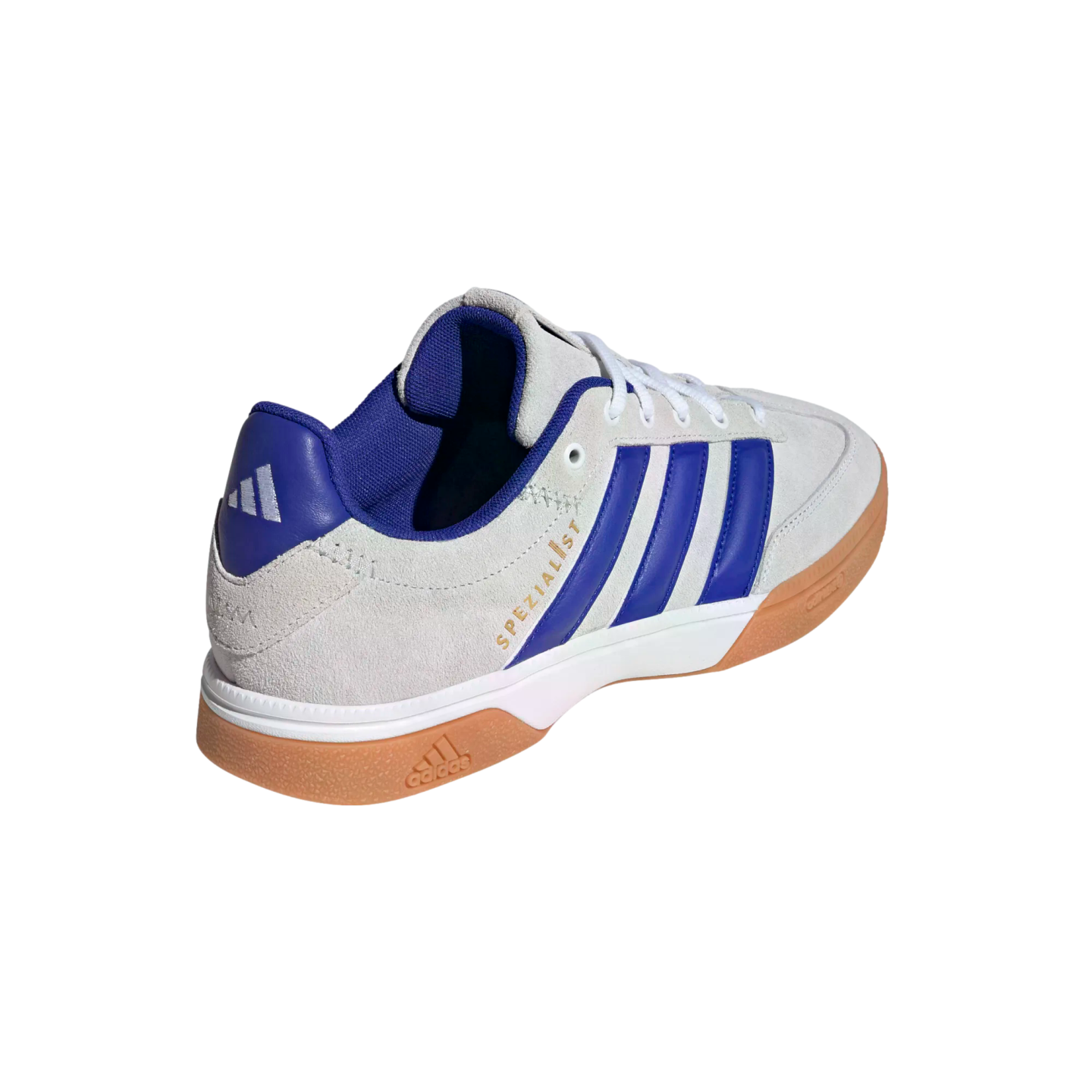 Adidas Spezialist sneaker in light grey suede with royal blue accents and a gum rubber sole, shown from a rear three-quarter angle.