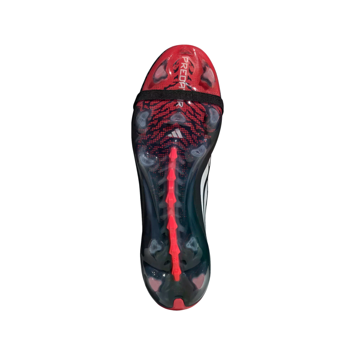 Underside of a red and black Adidas Predator soccer cleat featuring a translucent soleplate, studs, and "POWERSPINE" text against a black background.