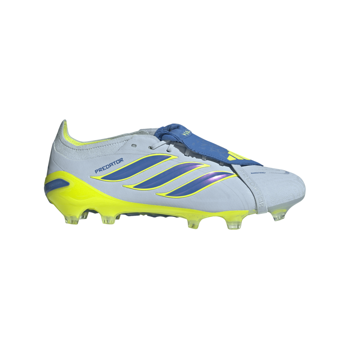 A side profile view of an Adidas Predator soccer cleat featuring a light blue upper, a bright yellow soleplate, and three iridescent blue stripes outlined in yellow, set against a solid black background.
