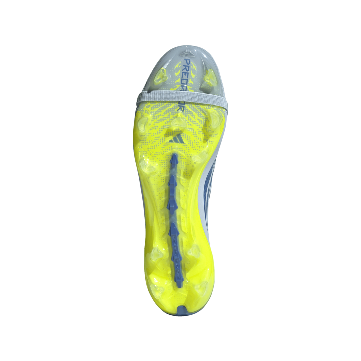 An underside view of a neon yellow Adidas Predator soccer boot soleplate featuring translucent studs, a blue central spine, and a light grey elastic band near the toe, all set against a black background.