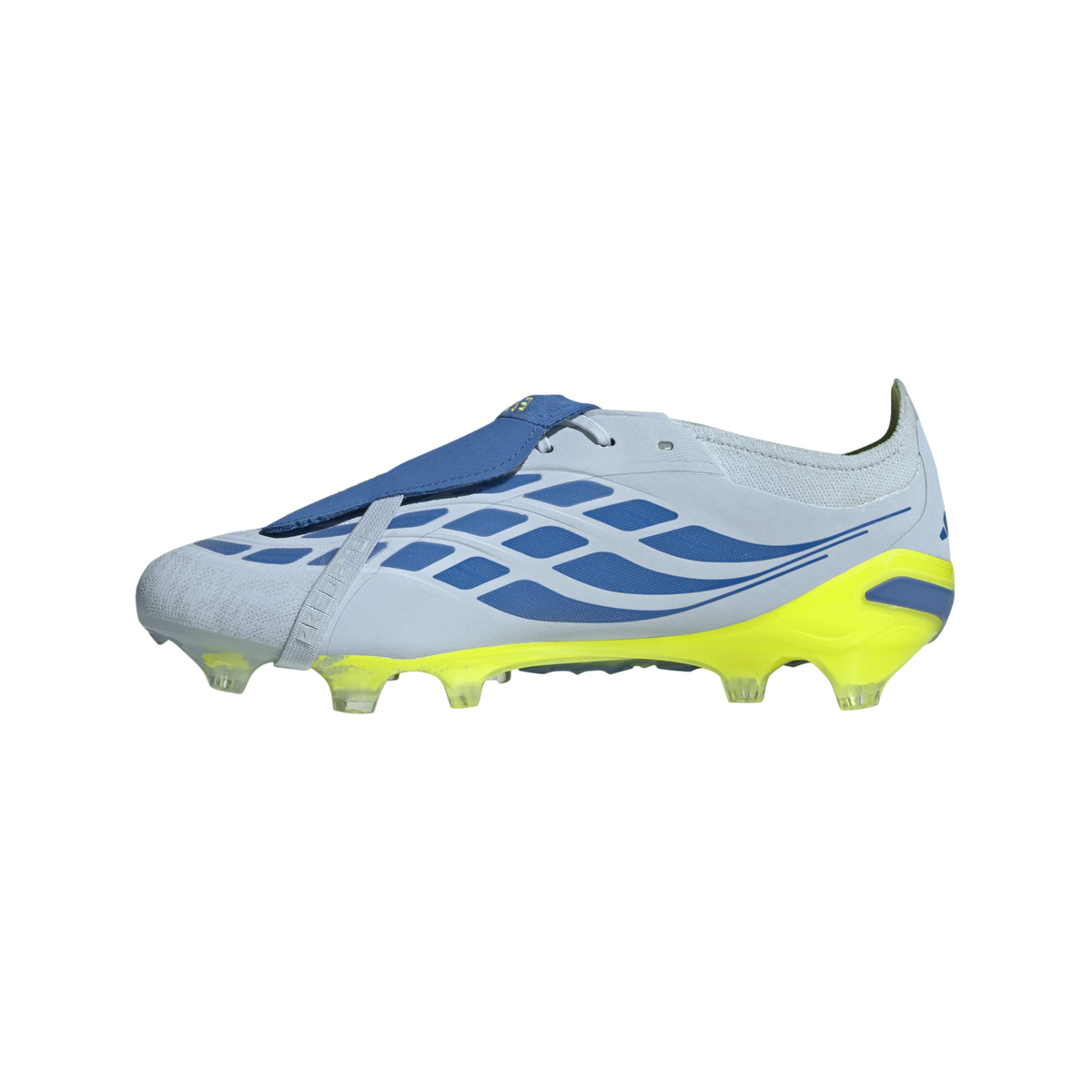 A side profile view of a light blue soccer cleat with royal blue accents and a bright yellow sole against a black background. The boot features a blue fold-over tongue and a textured upper with wavy blue patterns. The yellow soleplate includes several cle
