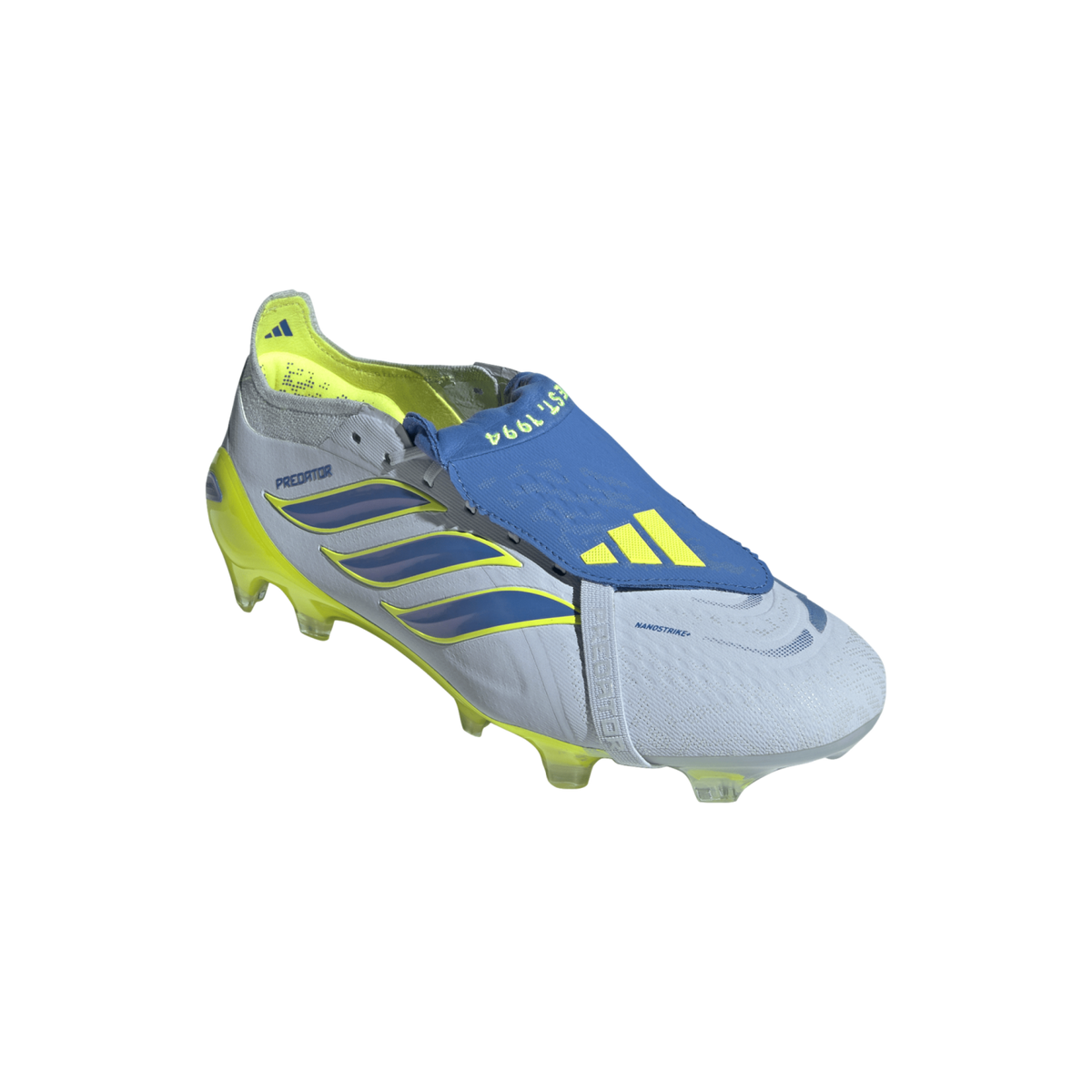 A light gray and blue Adidas Predator soccer cleat featuring a blue fold-over tongue and bright yellow accents on the heel and studs, shown from a three-quarter angle against a black background.