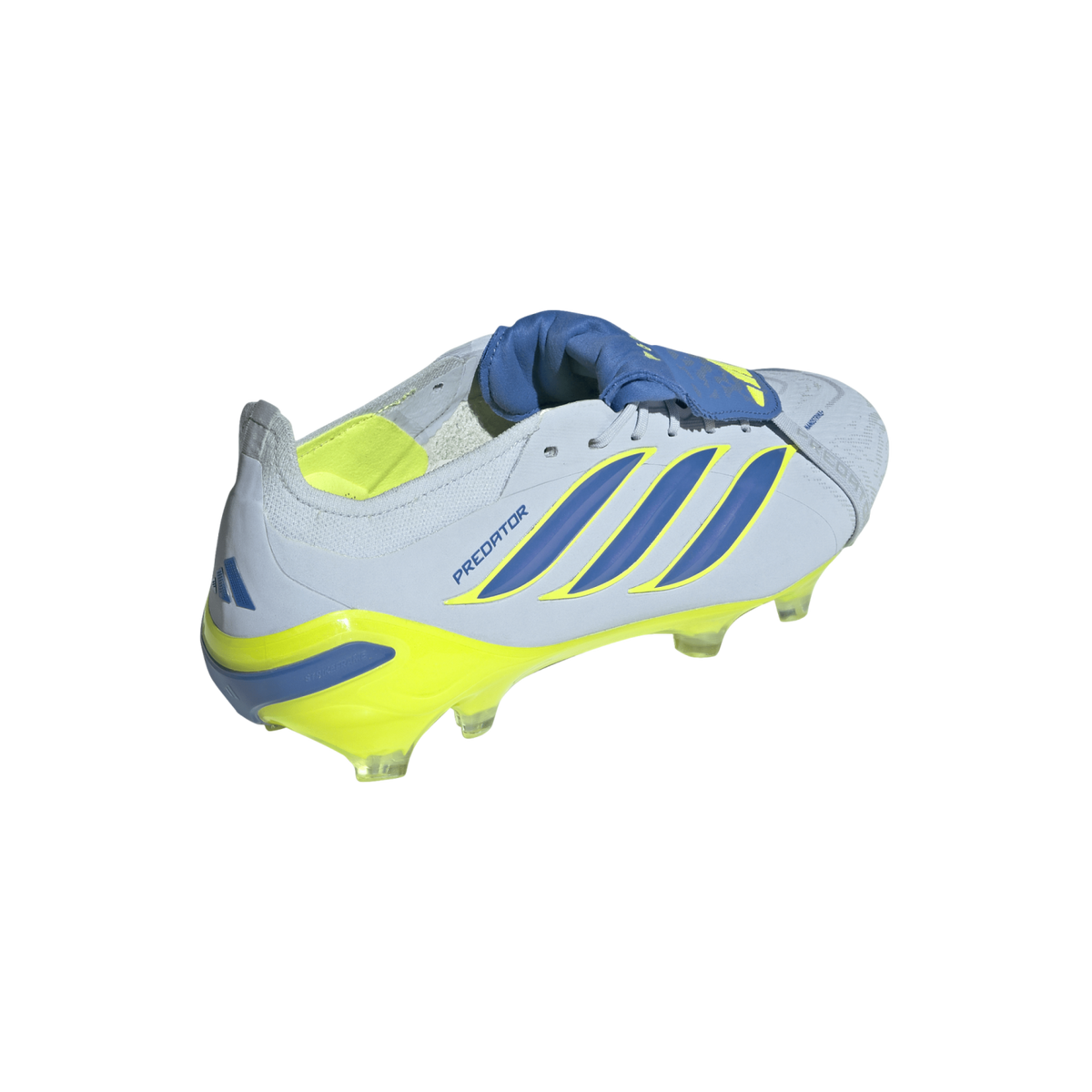 A side-rear view of a light grey Adidas Predator soccer cleat with bright yellow accents, blue stripes, and a blue fold-over tongue, shown against a solid black background.