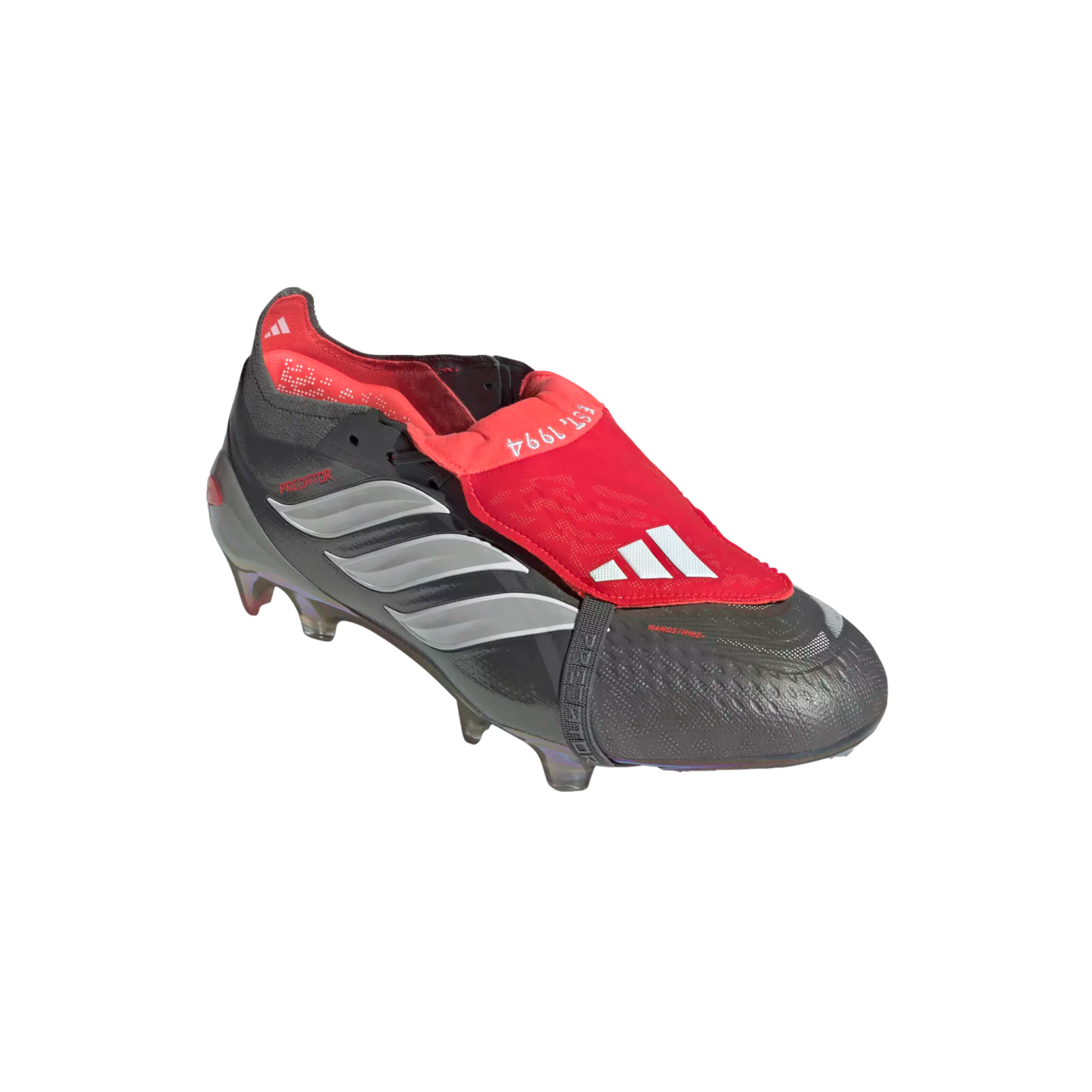 A black and red Adidas Predator soccer cleat with a red fold-over tongue and silver stripes on the side, set against a black background.