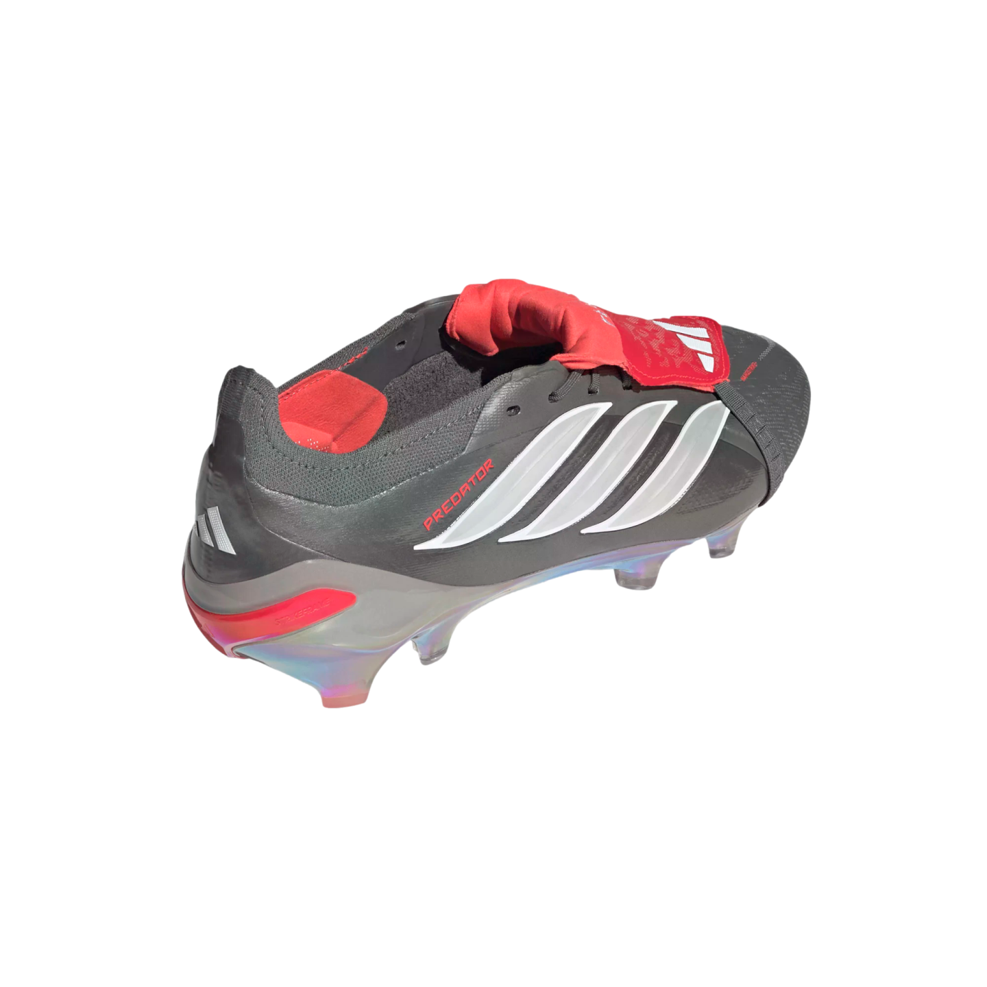 A dark grey and red Adidas Predator soccer cleat with white stripes and an iridescent sole, viewed from the rear side against a black background.