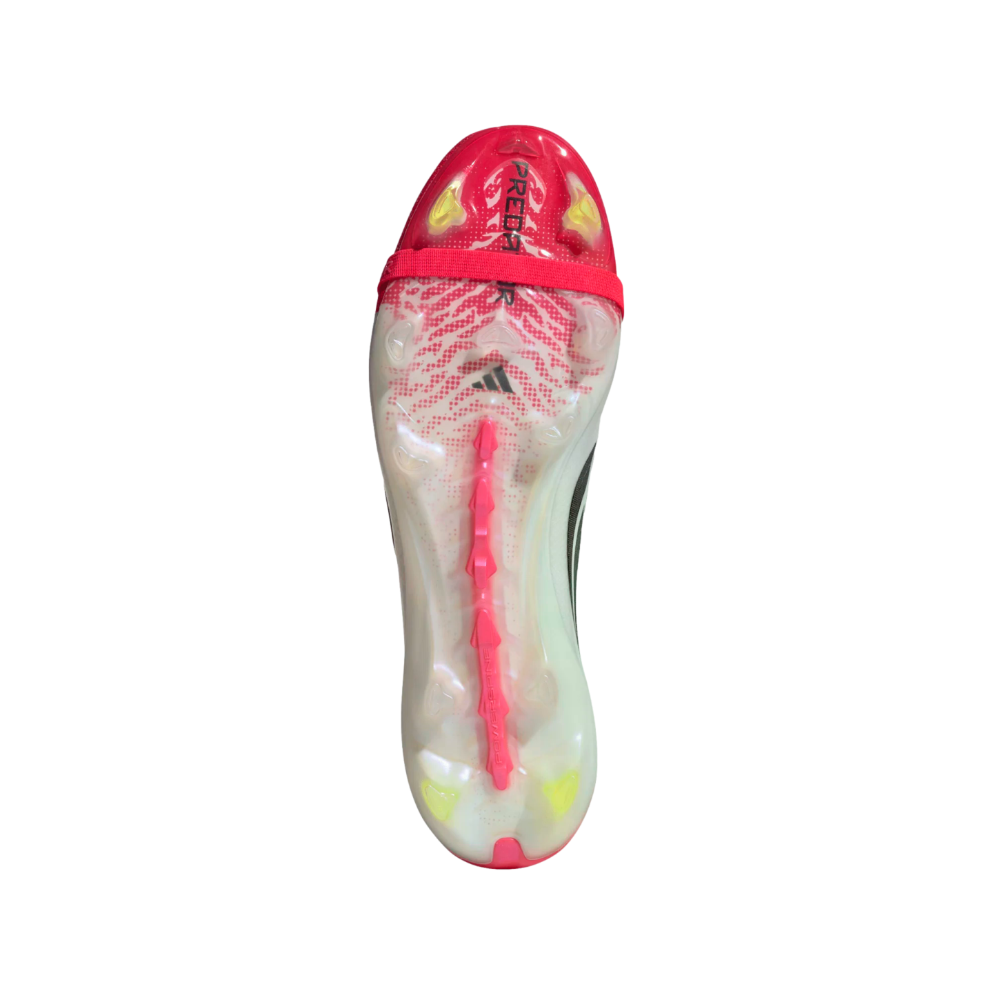 A soleplate view of an Adidas Predator soccer cleat featuring a translucent white and pink design, yellow studs, and a red forefoot strap.