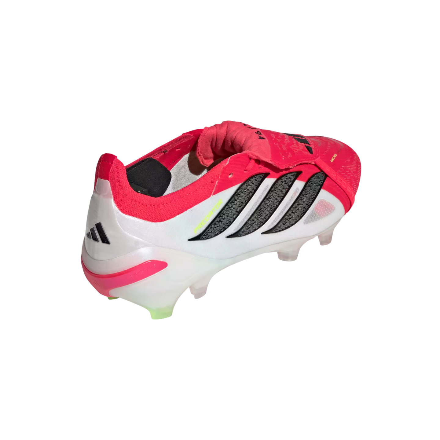 Rear three-quarter view of a white Adidas Predator soccer cleat with pink and black accents on a solid black background.