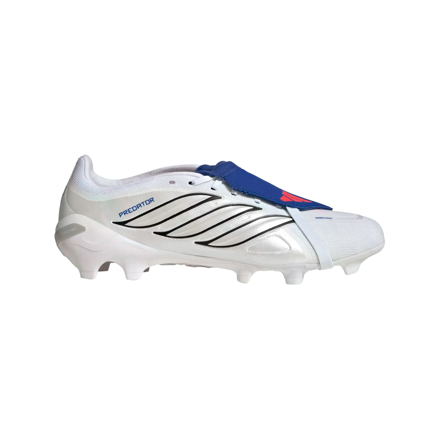 A white Adidas Predator soccer cleat with black stripes and a blue fold-over tongue, shown in profile against a black background.