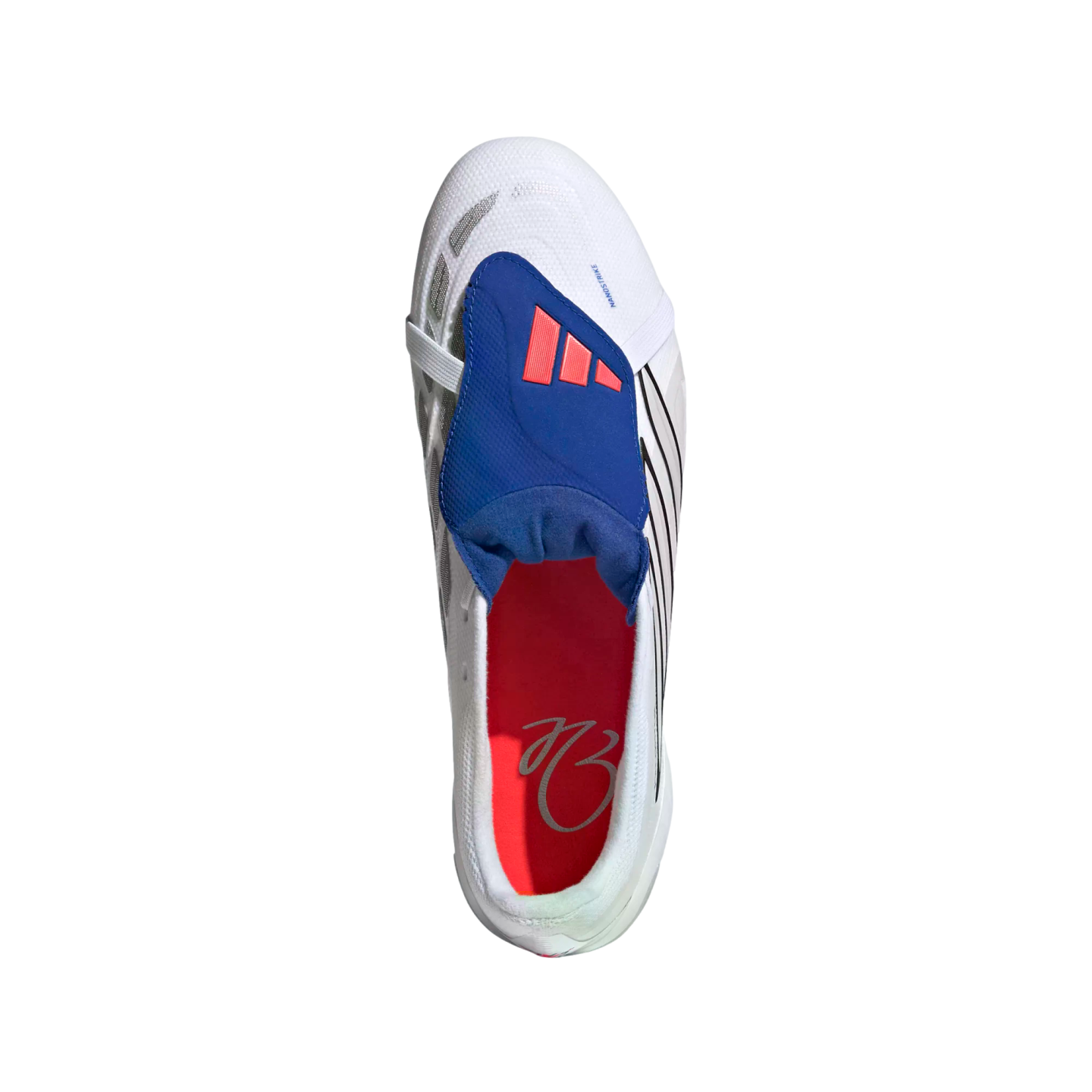Top-down view of a white Adidas soccer cleat featuring a prominent blue lace cover with orange stripes and a bright red interior.