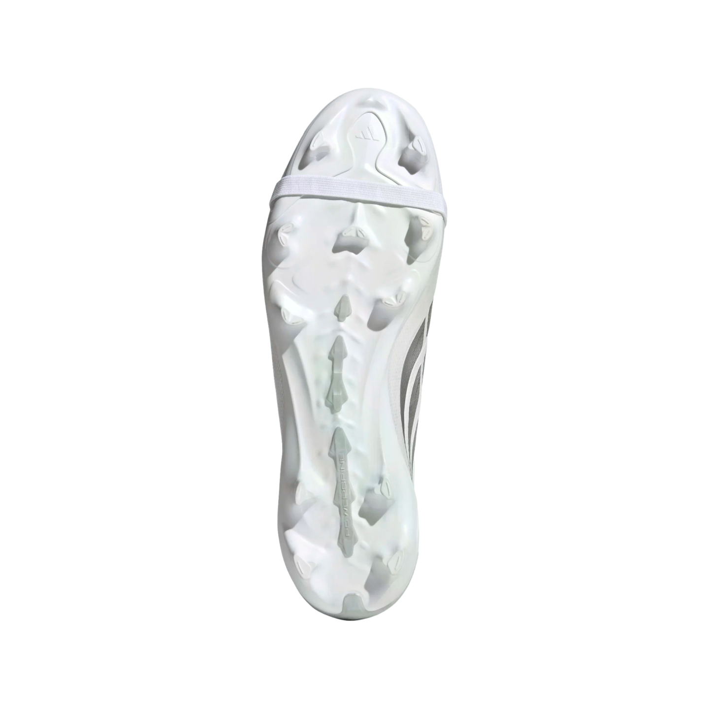 Bottom view of a white soccer cleat featuring a white elastic strap and greyish studs, set against a solid black background.
