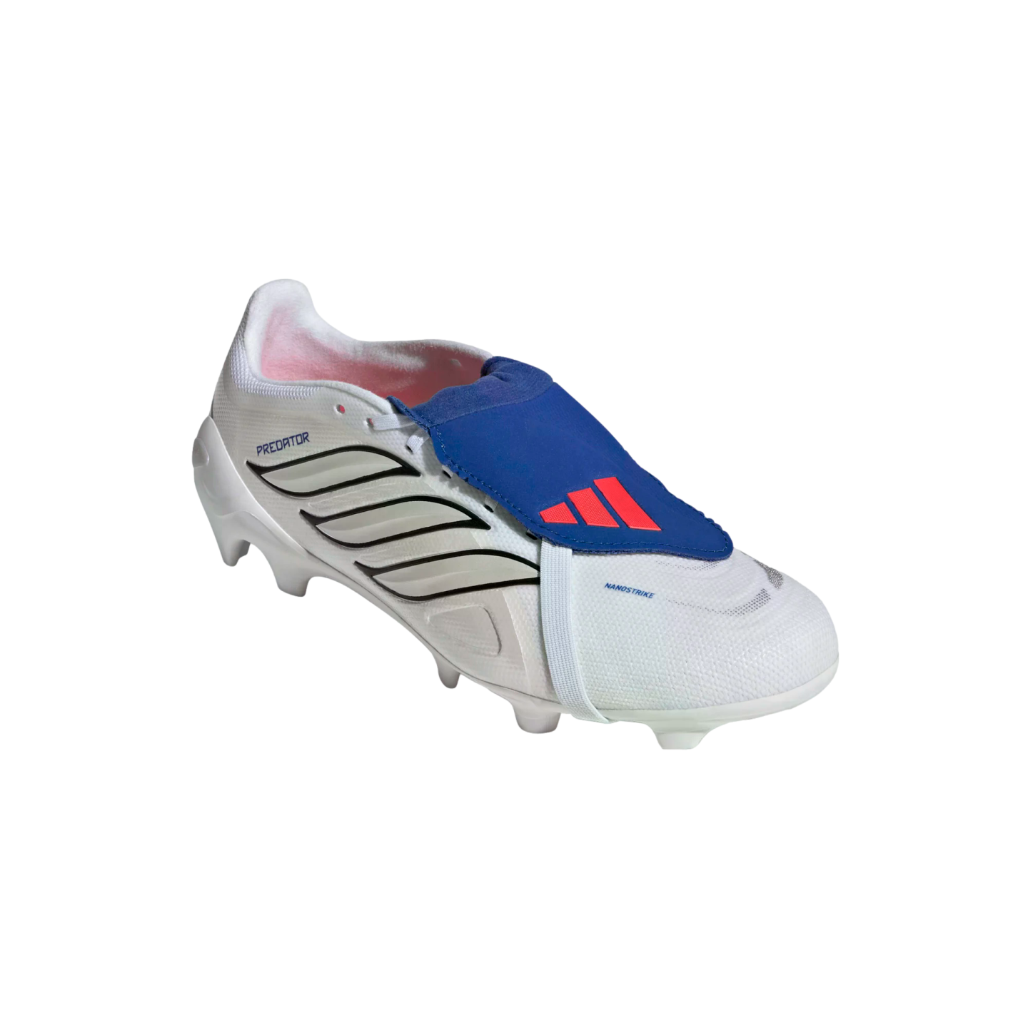 A white Adidas Predator soccer cleat with black stripes and a blue fold-over tongue featuring a red logo, shown against a black background.
