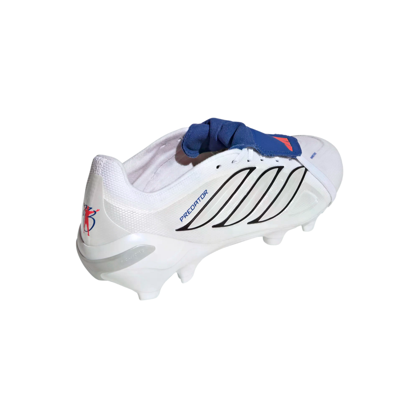 White Adidas Predator soccer cleat with black stripes and a blue tongue strap, shown on a black background.