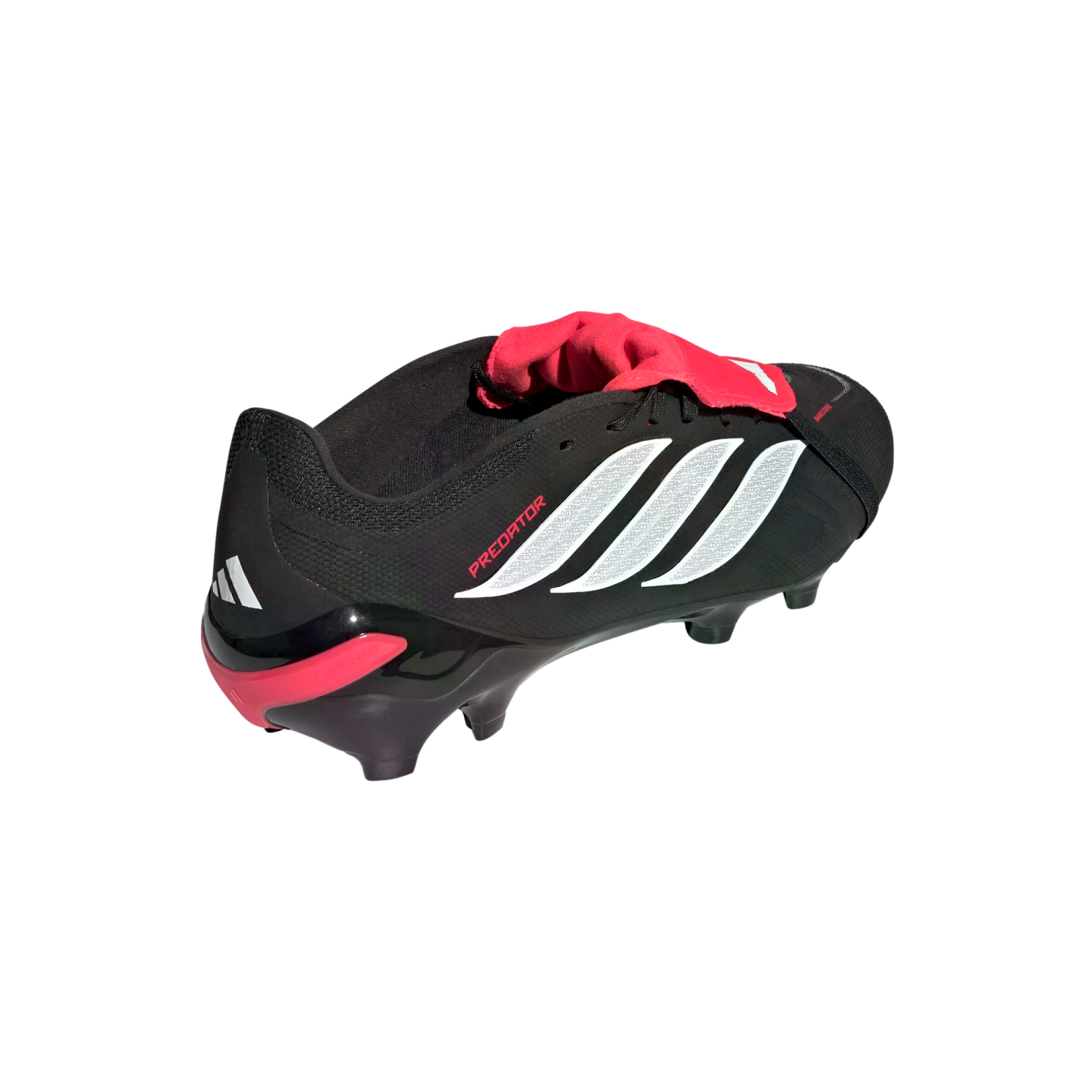 Black Adidas Predator soccer cleat with a red fold-over tongue, white triple stripes, and red accents on a black background.