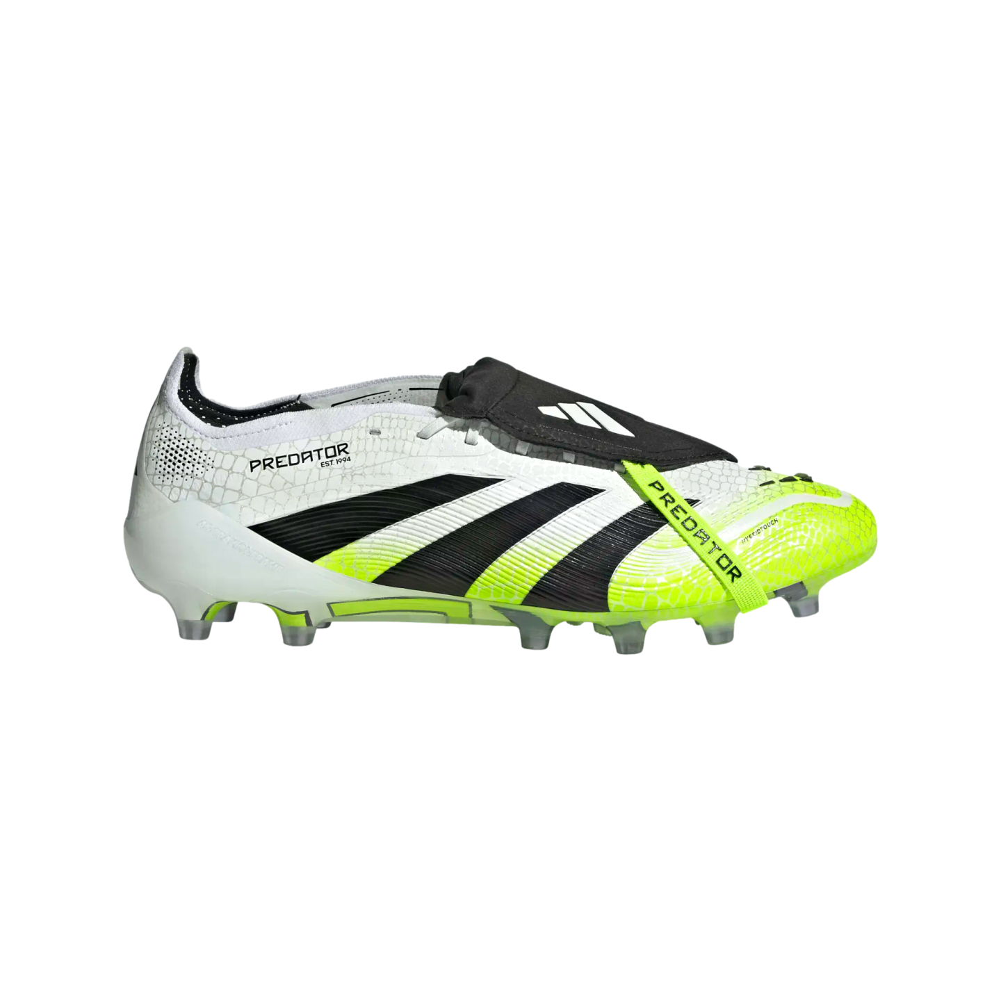 Profile view of a white, black, and neon yellow Adidas Predator soccer cleat with a fold-over tongue, set against a solid black background.