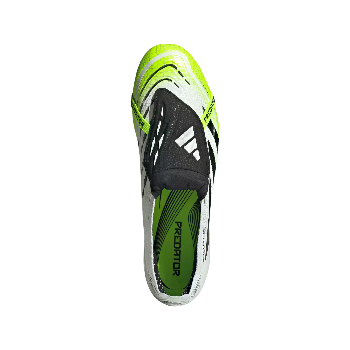 Top-down view of an Adidas Predator soccer cleat featuring a white, neon yellow, and black design with a fold-over tongue, positioned against a solid black background.