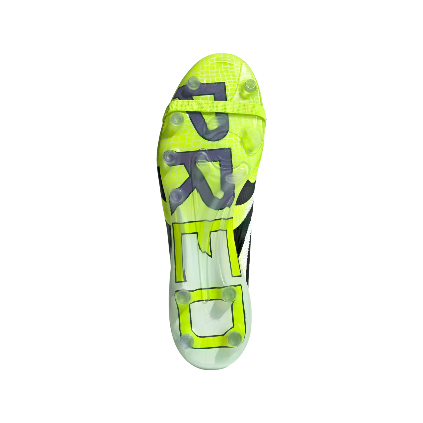 The bottom sole of a neon green Adidas Predator soccer cleat with bold 'PREDATOR' text and transparent studs, shown against a black background.