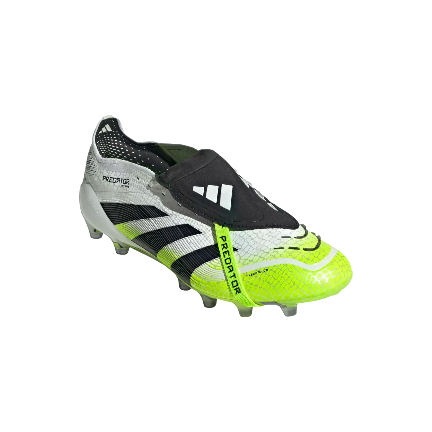 Side view of an Adidas Predator soccer cleat in white, black, and neon yellow with a fold-over tongue, shown against a black background.
