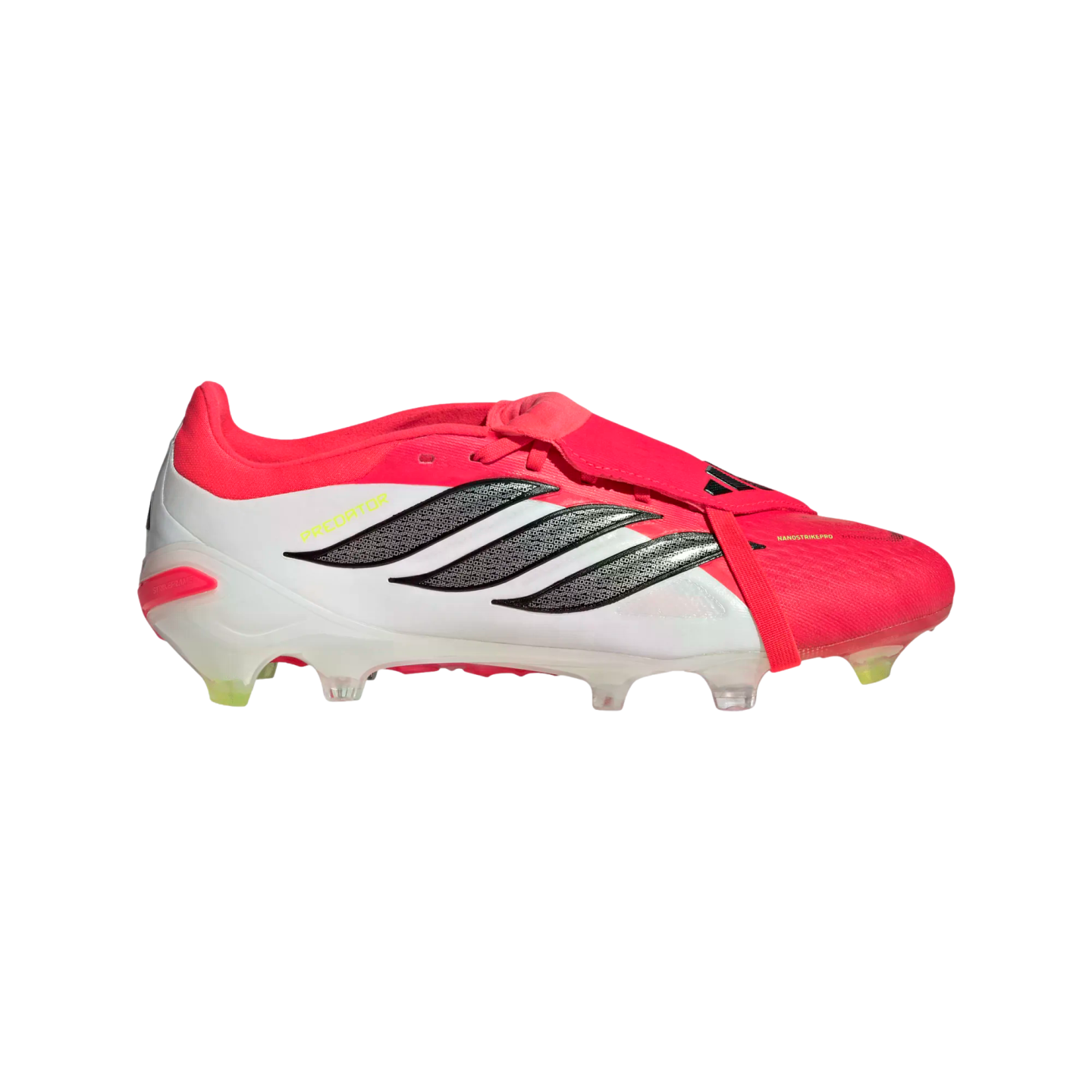 Side profile of an Adidas Predator soccer cleat featuring a white and pink upper, three black stripes, and a fold-over tongue.
