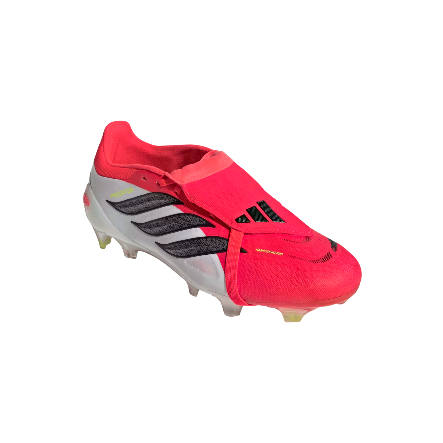 A pink and white Adidas Predator soccer cleat with a fold-over tongue and black stripes, displayed against a black background.