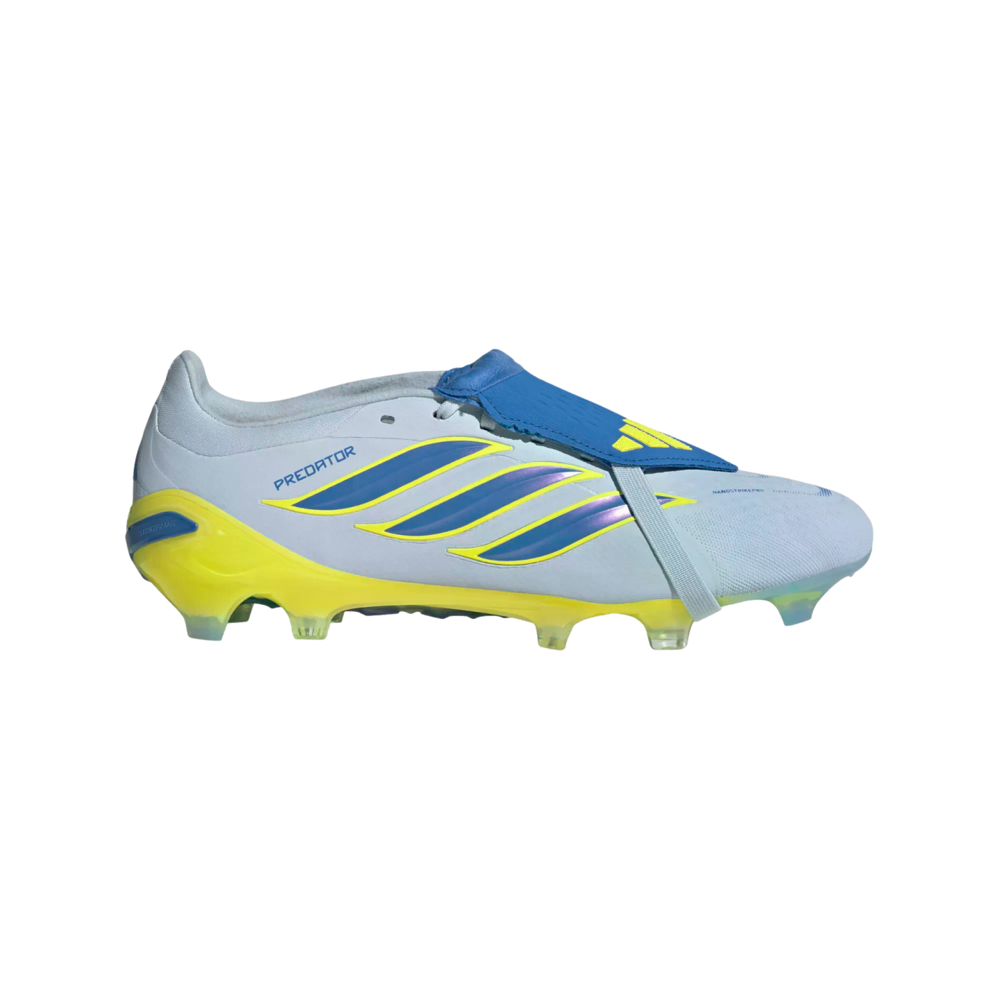 A lateral profile view of an Adidas Predator soccer cleat featuring a pale blue upper, a bright yellow studded soleplate, and three iridescent blue stripes outlined in yellow. A dark blue fold-over tongue with a yellow logo is held in place by a light blu
