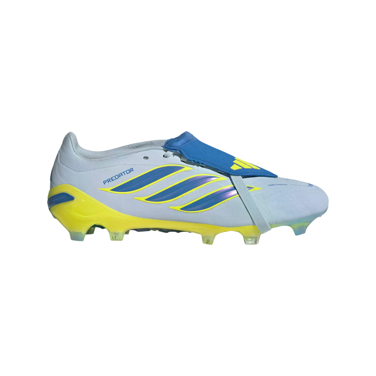 A lateral profile view of an Adidas Predator soccer cleat featuring a pale blue upper, a bright yellow studded soleplate, and three iridescent blue stripes outlined in yellow. A dark blue fold-over tongue with a yellow logo is held in place by a light blu