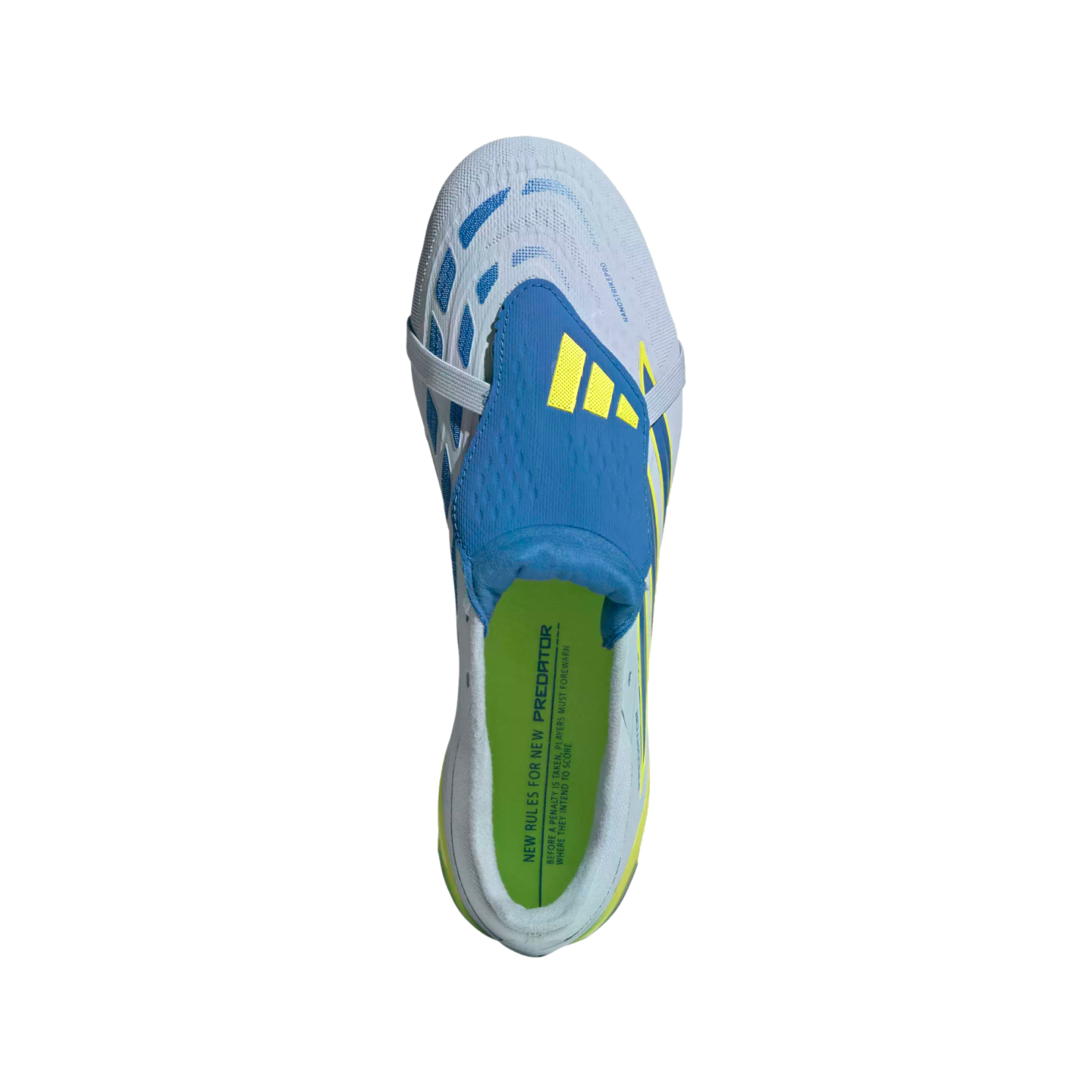 A top-down view of a light blue Adidas Predator soccer cleat, featuring a prominent blue fold-over tongue with yellow stripes and a bright yellow insole with printed text.
