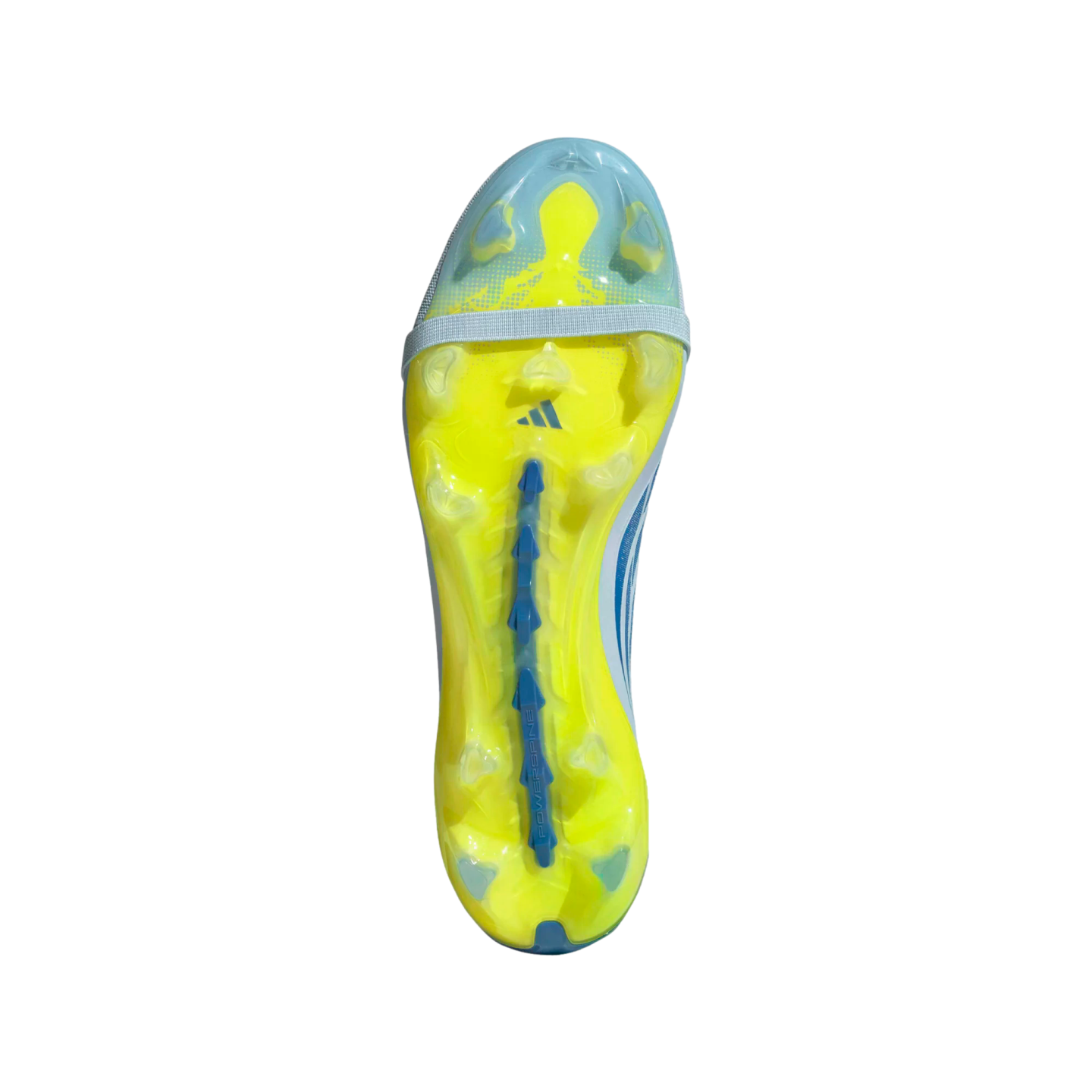 A studio shot from a top-down perspective of the bright yellow and translucent blue soleplate of an Adidas soccer cleat against a black background. The soleplate features various studs, a blue Adidas logo, a light grey band across the forefoot, and a blue