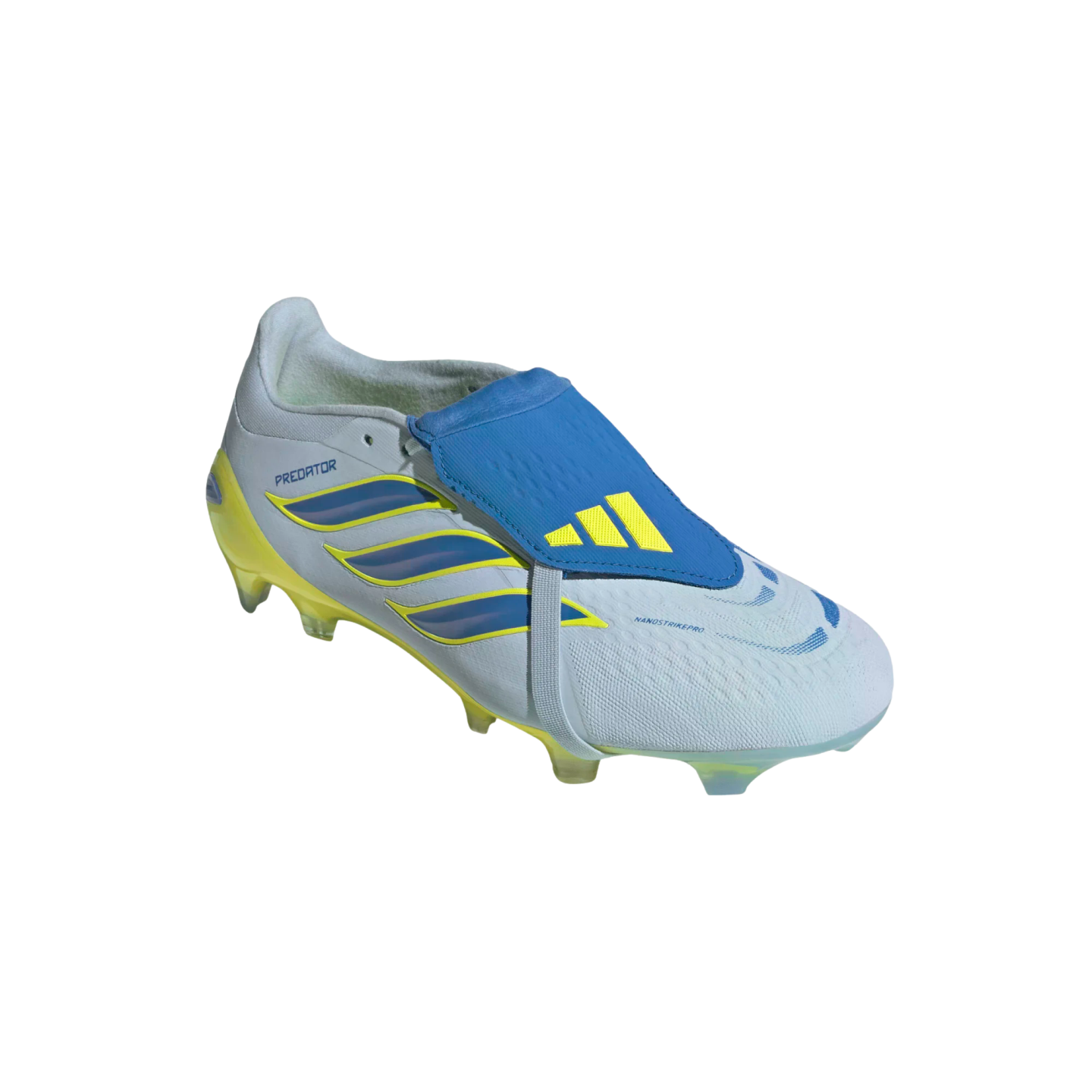 A light gray Adidas Predator soccer cleat featuring three yellow and blue side stripes, a blue fold-over tongue with a yellow logo, and yellow studs, set against a solid black background.