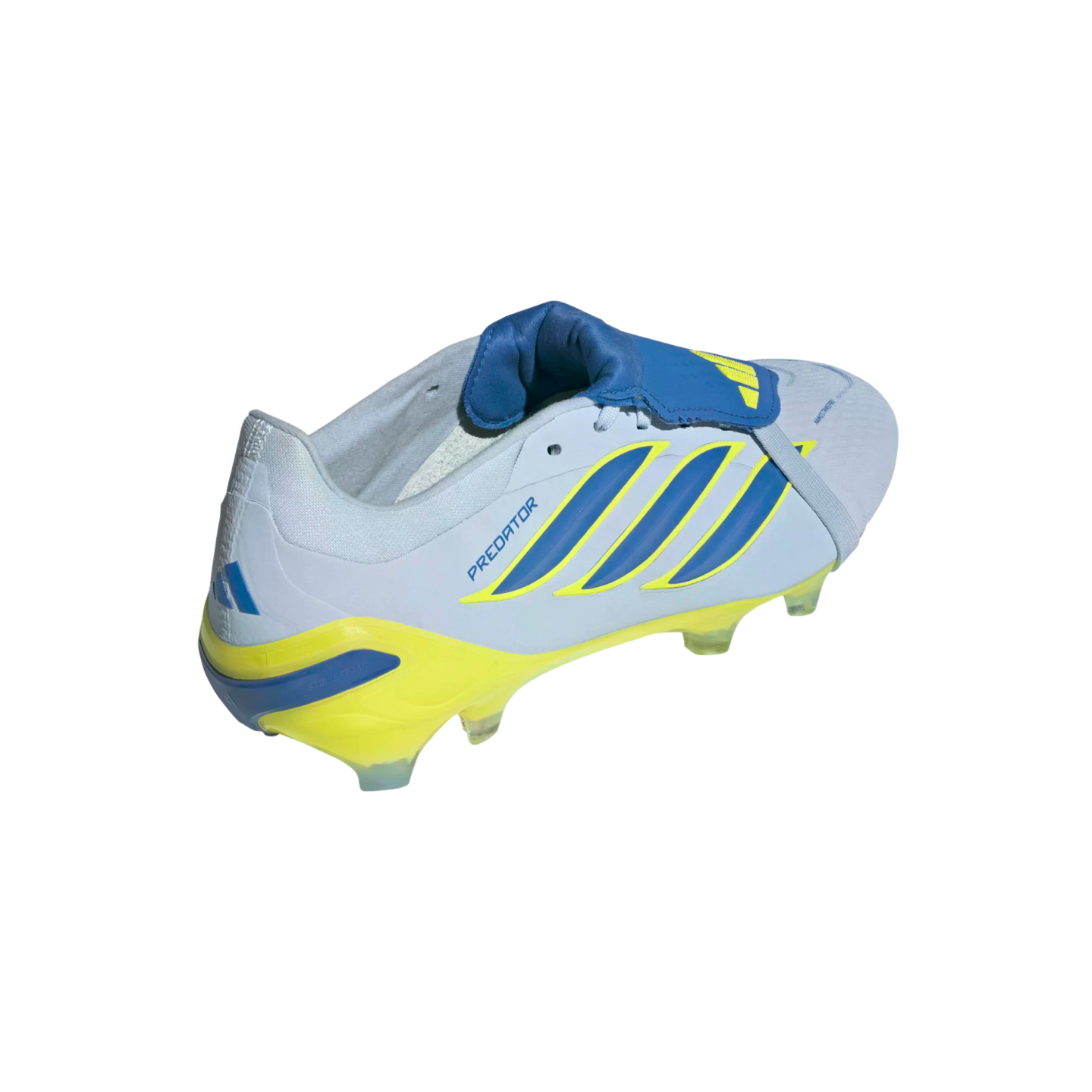 A light blue and yellow Adidas Predator soccer cleat with a fold-over tongue, set against a solid black background.