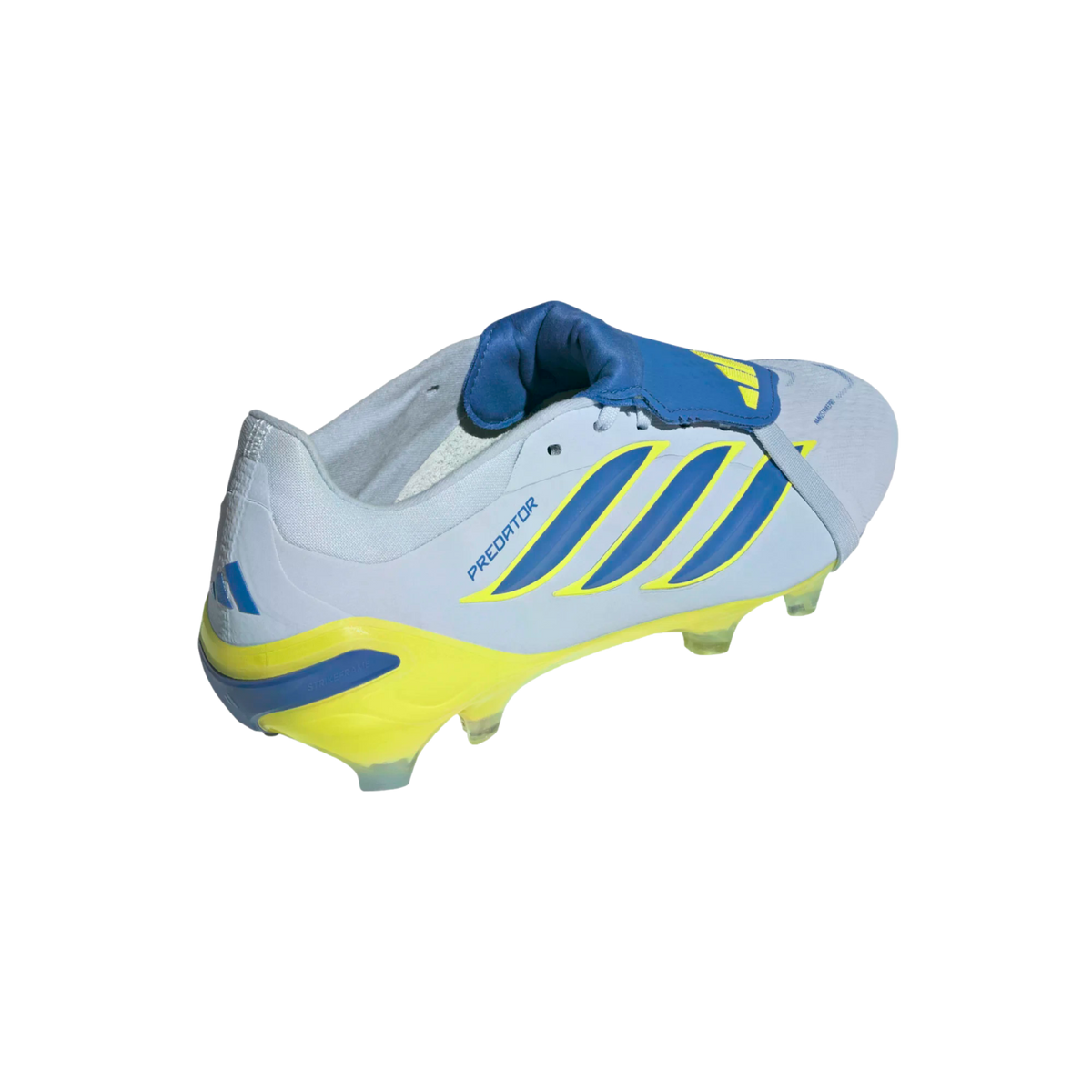 A light blue and yellow Adidas Predator soccer cleat with a fold-over tongue, set against a solid black background.