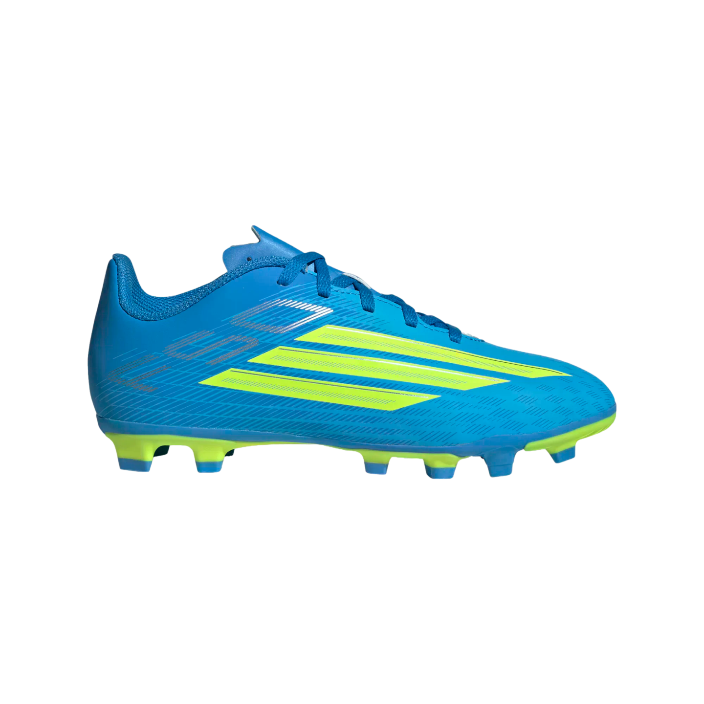 A profile view of a bright blue Adidas soccer cleat against a black background. The shoe features three diagonal neon yellow stripes on the side and a neon yellow sole with blue studs.