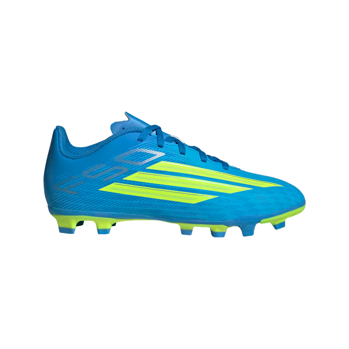 A profile view of a bright blue Adidas soccer cleat against a black background. The shoe features three diagonal neon yellow stripes on the side and a neon yellow sole with blue studs.