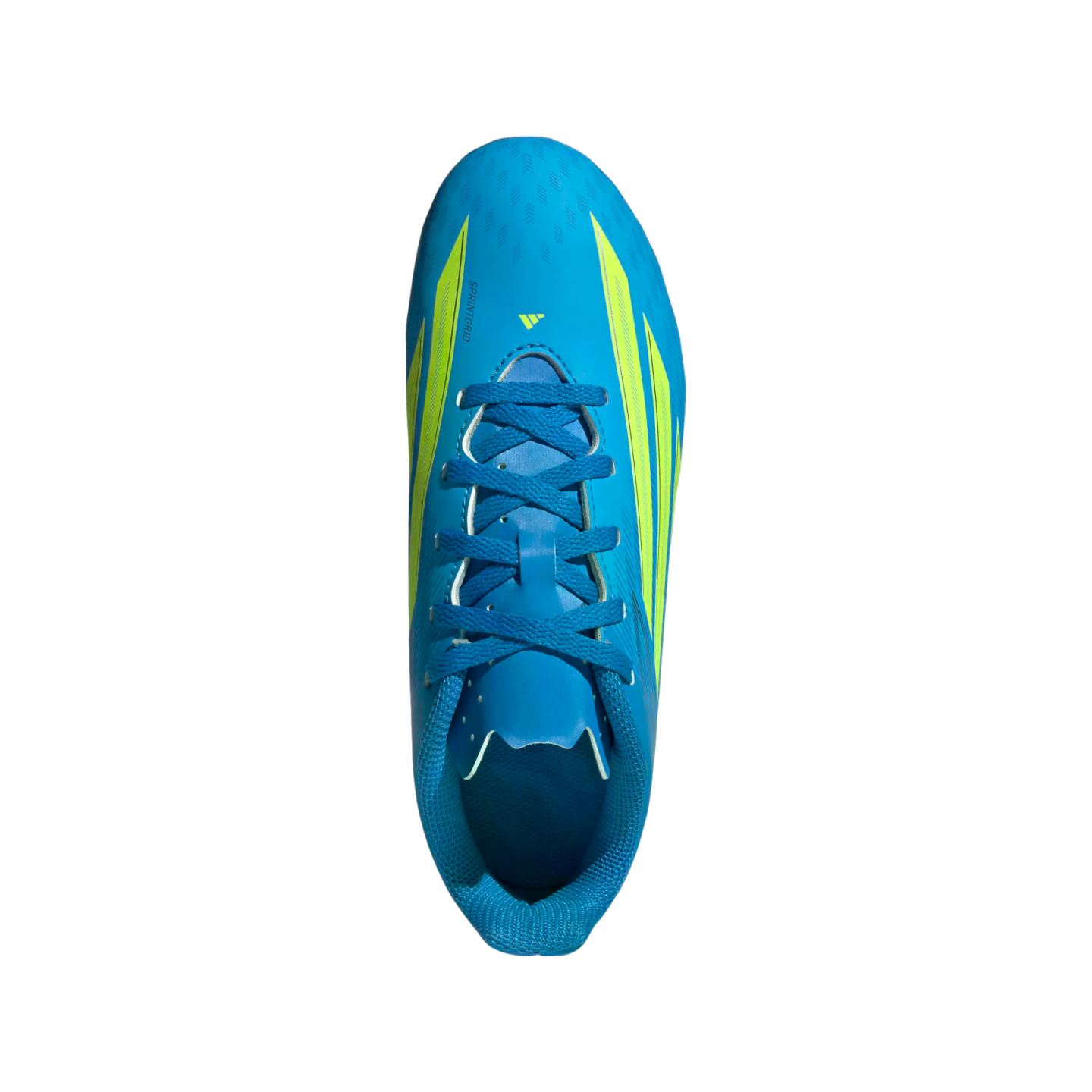 A top-down view of a bright blue Adidas soccer cleat centered against a solid black background. The shoe features neon yellow-green accents, including three diagonal stripes on the sides and a small logo near the base of the matching blue laces.