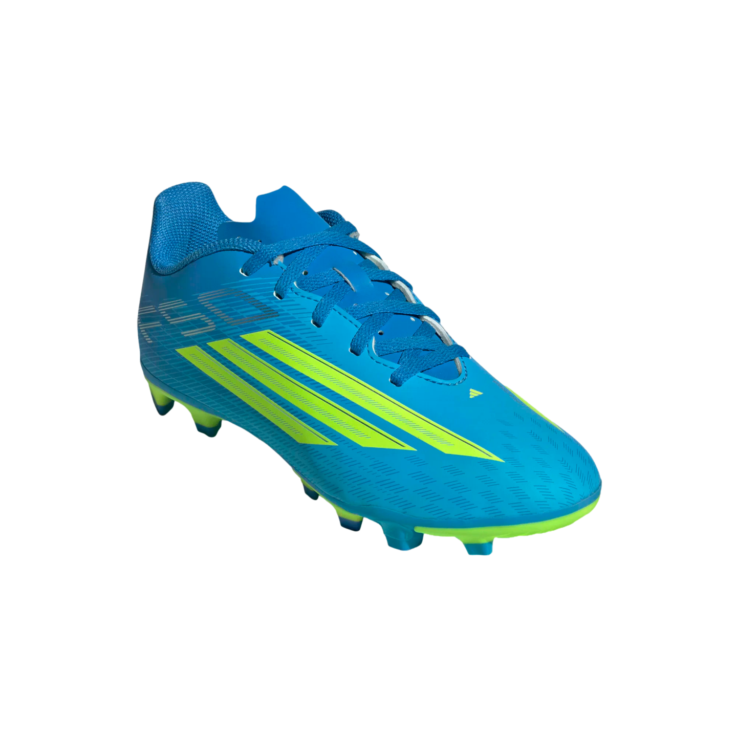 A bright blue Adidas F50 soccer cleat with lime green stripes and a matching lime green spiked sole.