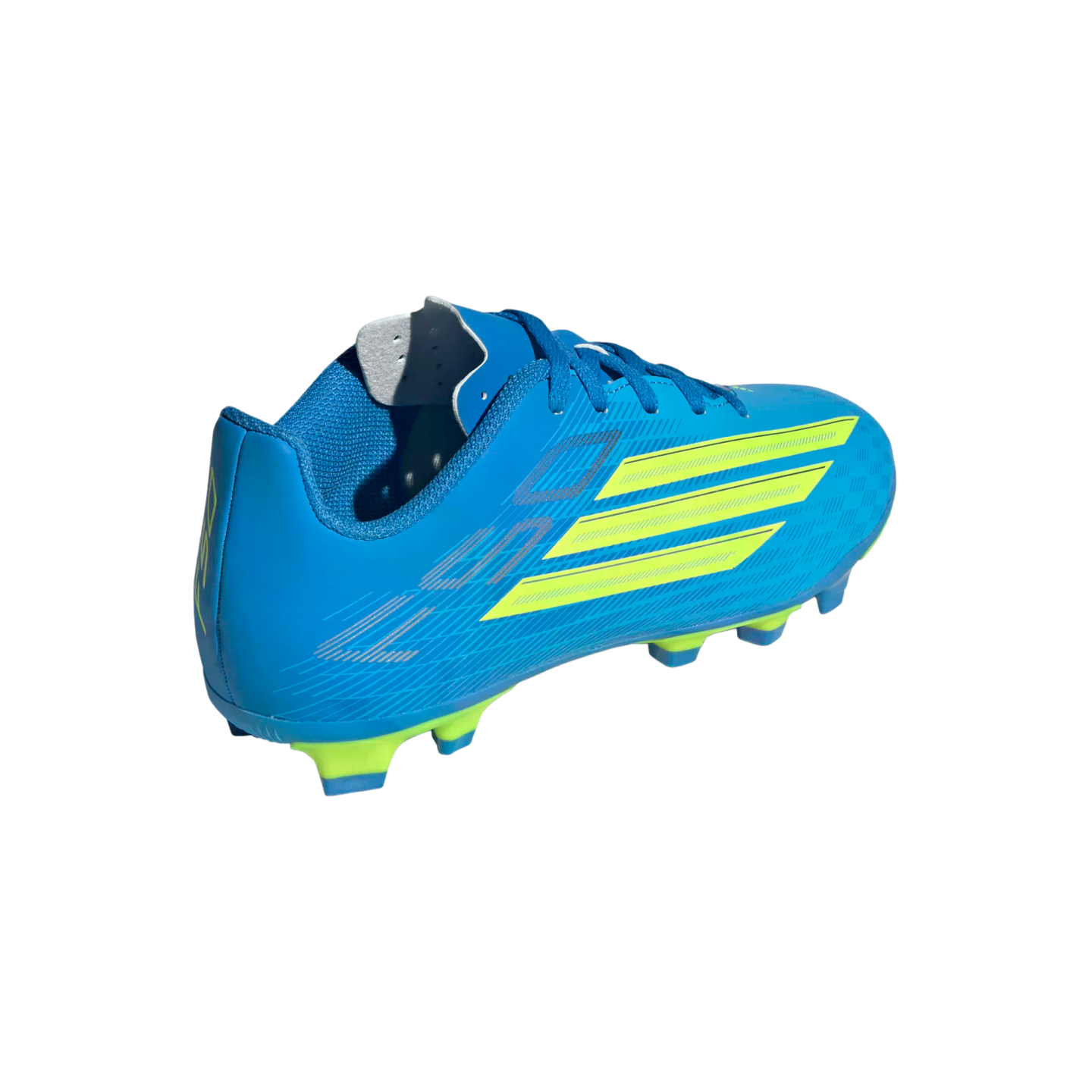 A blue soccer cleat with lime green accents, shown from a rear-quarter angle against a black background. The shoe features three diagonal lime green stripes on the side and a mixture of lime green and blue studs on the sole.