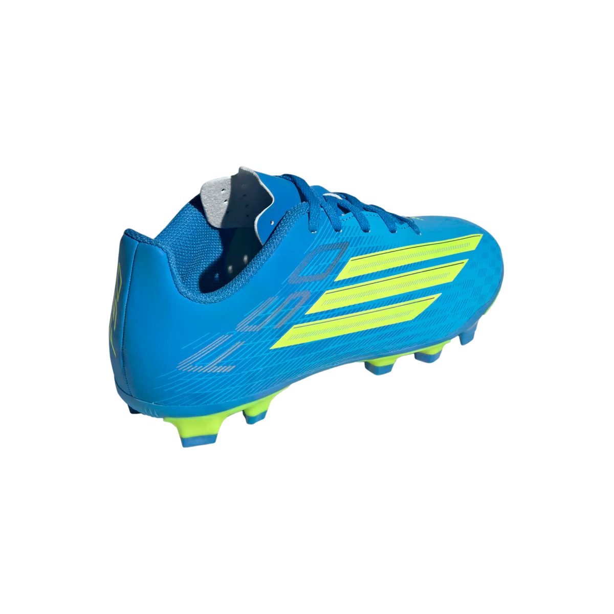 A blue soccer cleat with lime green accents, shown from a rear-quarter angle against a black background. The shoe features three diagonal lime green stripes on the side and a mixture of lime green and blue studs on the sole.