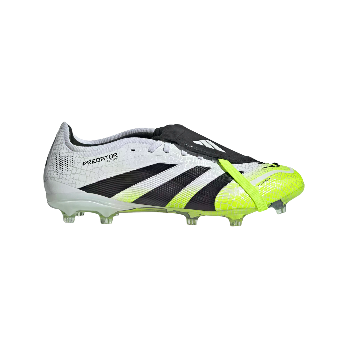 An Adidas Predator soccer cleat featuring a white and lime green upper with bold black stripes, a fold-over tongue with a neon green strap, and a clear studded sole.