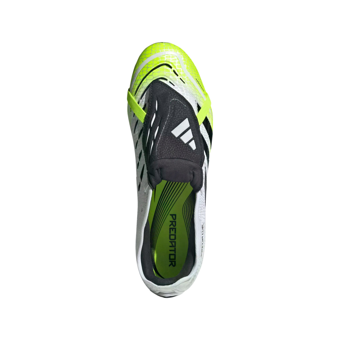 Top-down view of a white and lime green Adidas Predator soccer cleat with a fold-over tongue, isolated against a solid black background.